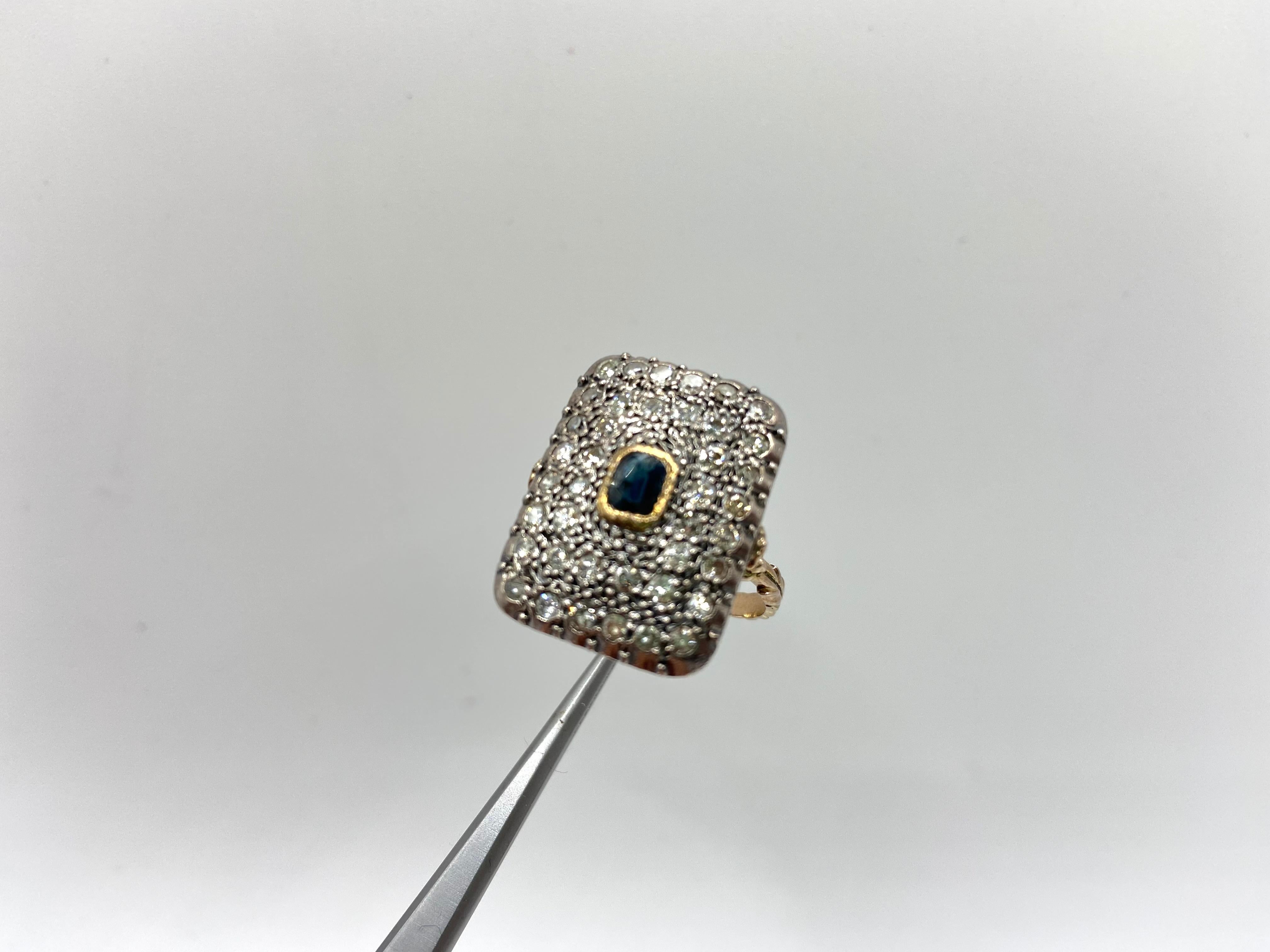 Antique Style Ring 9Kt Gold, Silver Cup, Sapphire and Diamonds. It weighs 6 grams and measures 19 (I can have it modified by a trusted craftsman at no additional cost). At the center a natural Sapphire measuring 6 mm by 4 mm. Set Diamonds cut