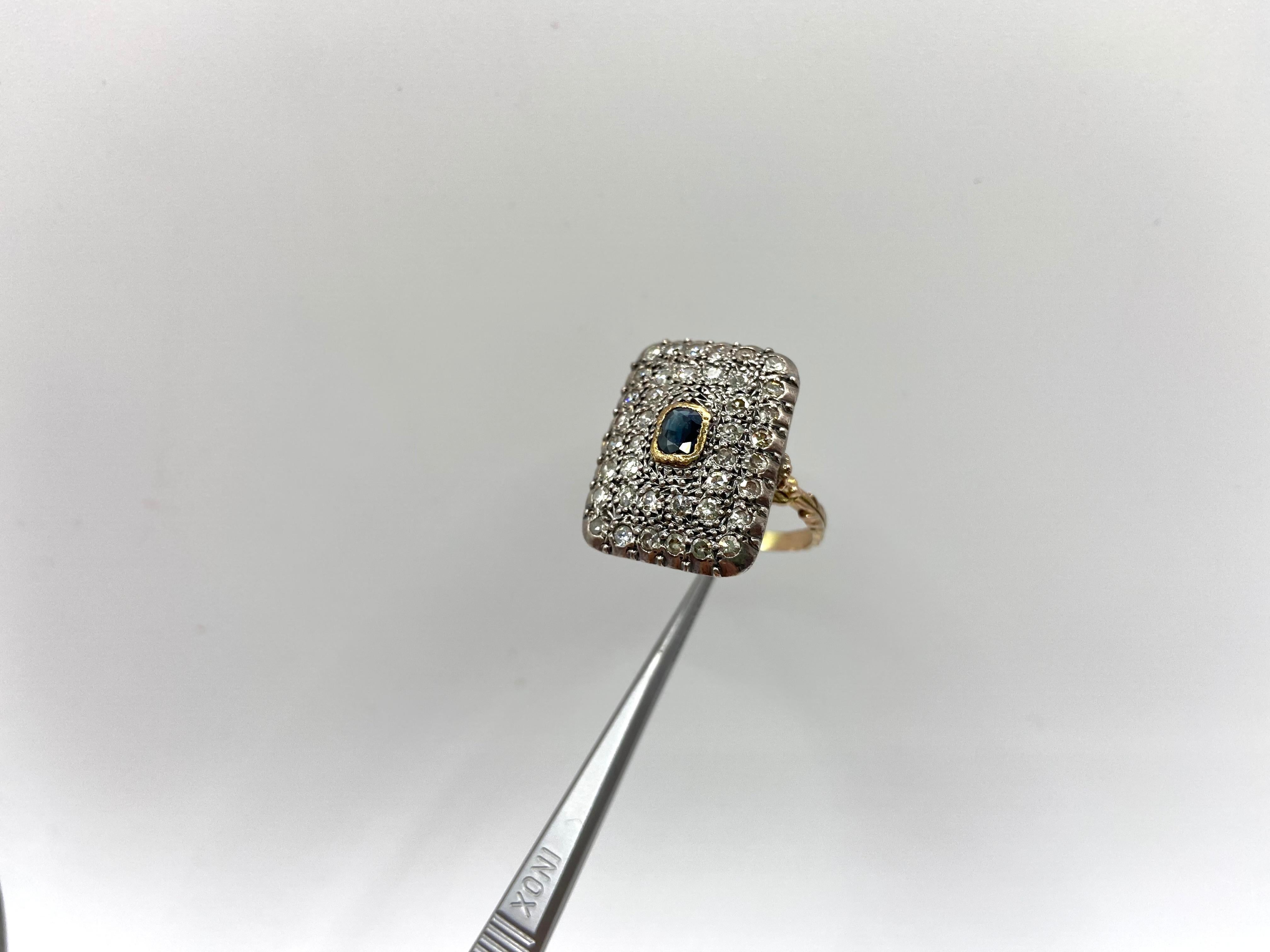 Women's or Men's 9Kt Gold Antique Style Ring, Silver Cup, Sapphire and Diamonds