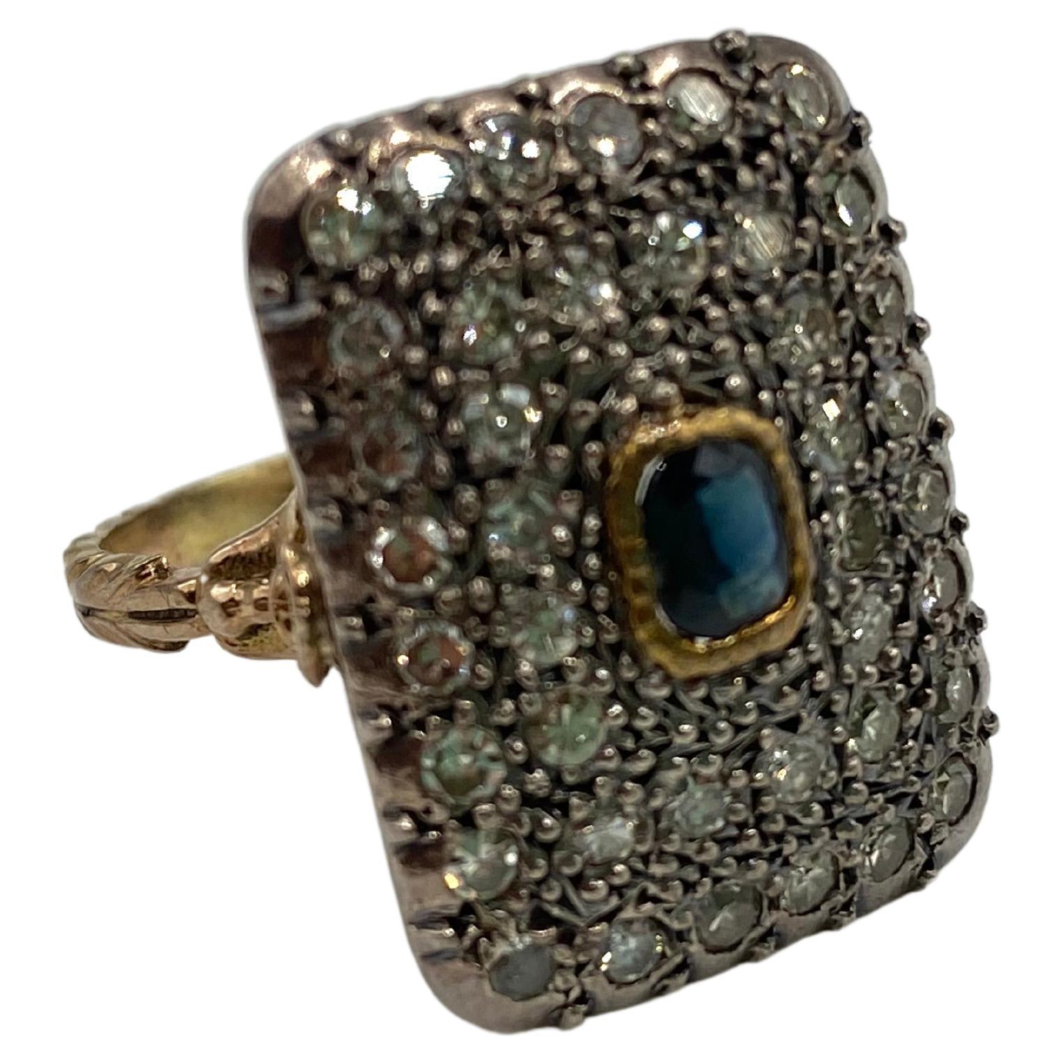 9Kt Gold Antique Style Ring, Silver Cup, Sapphire and Diamonds