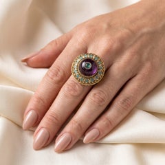 9KT Gold Cabochon Amethyst and Enamel Cluster Ring, Turquoise and White Enamel