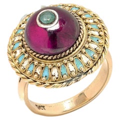 9KT Gold Cabochon Amethyst and Enamel Cluster Ring, Turquoise and White Enamel