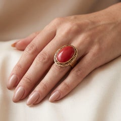 9KT Gold Red Jasper Cabochon Ring, Greek Key Border