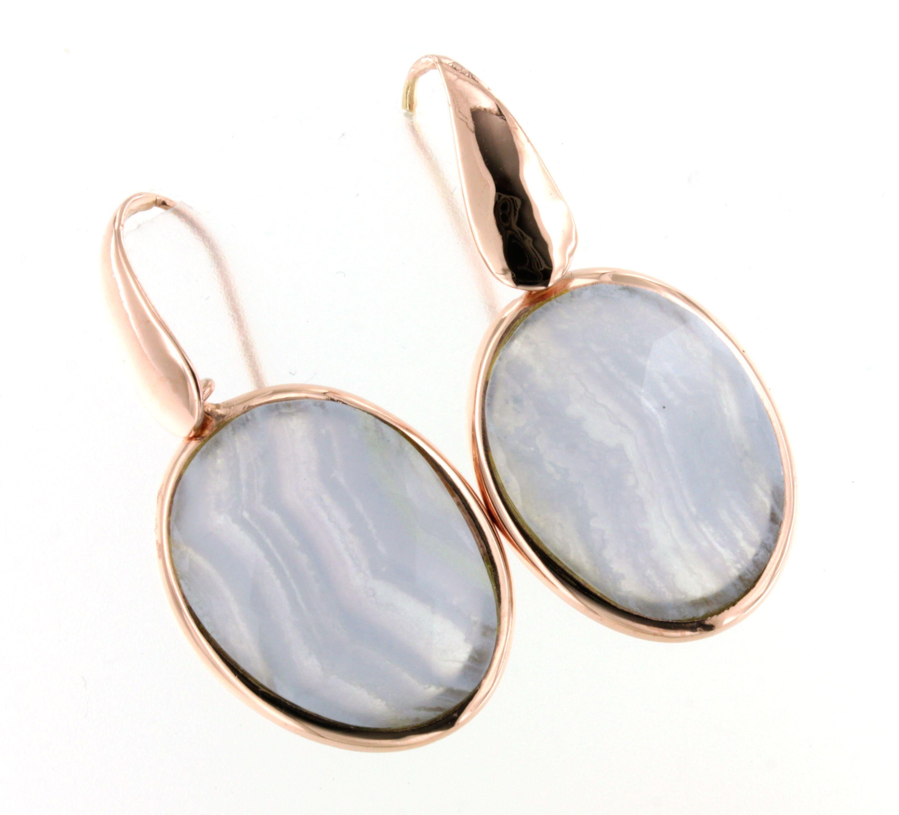 Fashion modern trandy cocktail earrings in 9kt rose gold with natural stone : chalchedony handemade in Italy by Stanoppi Jewellery since 1948.  The stone is a real novelty, designed by the stylist Gisella for her new jewels of the spring-summer 2025
