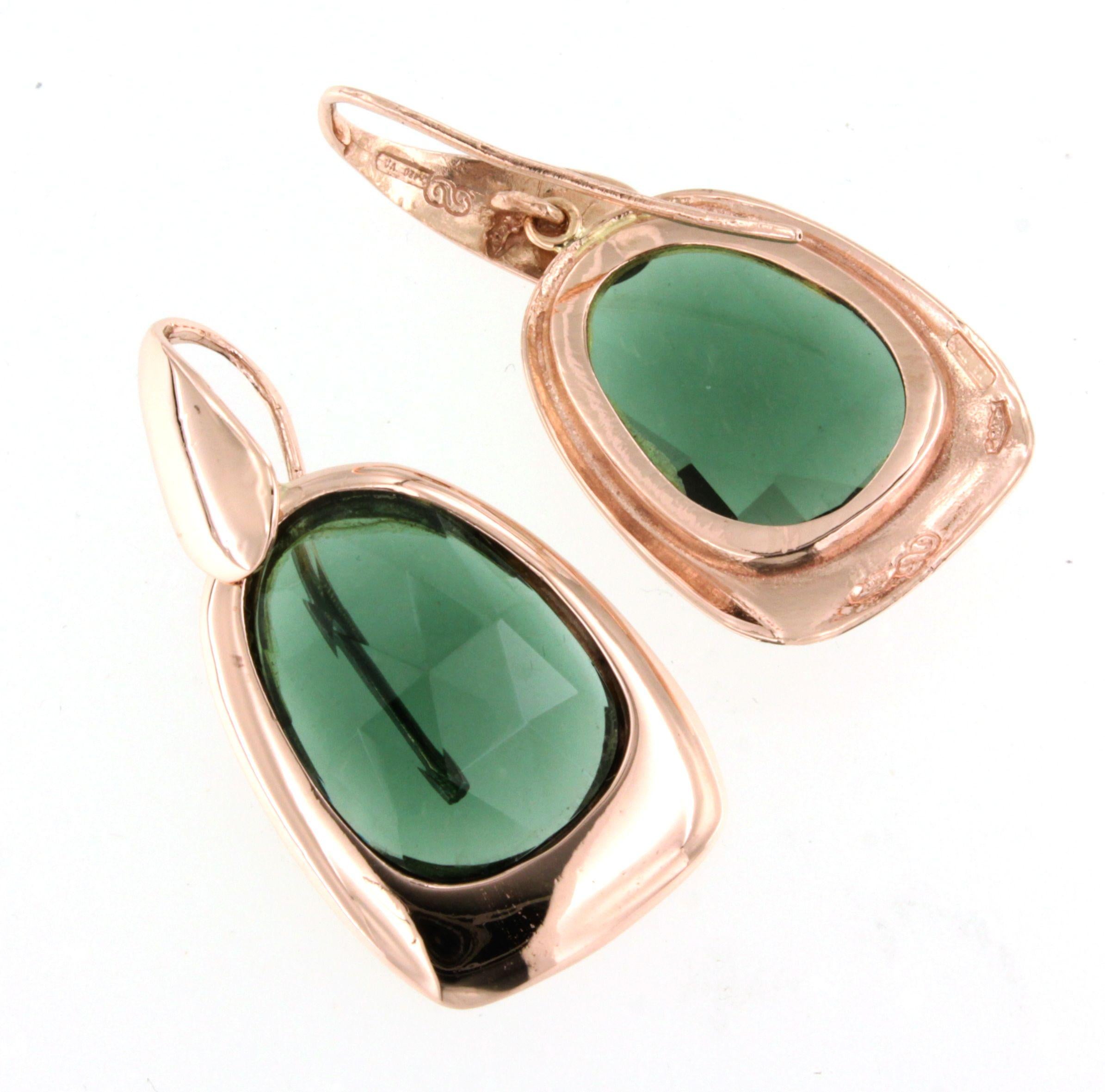 Mixed Cut 9Kt Rose Gold Green Quartz Stones Fashion Elegant Drop Modern Design Earrings For Sale