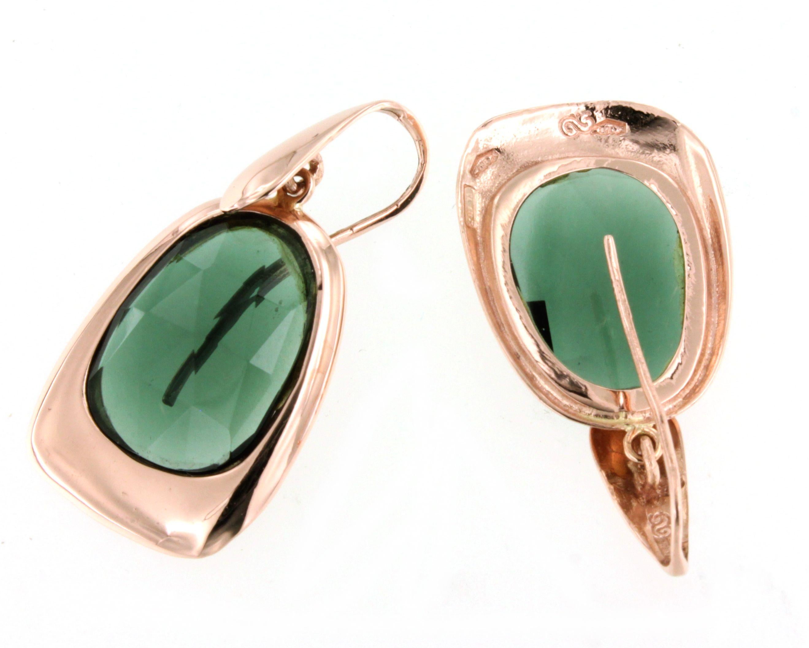 9Kt Rose Gold Green Quartz Stones Fashion Elegant Drop Modern Design Earrings In New Condition For Sale In GALLARATE, IT