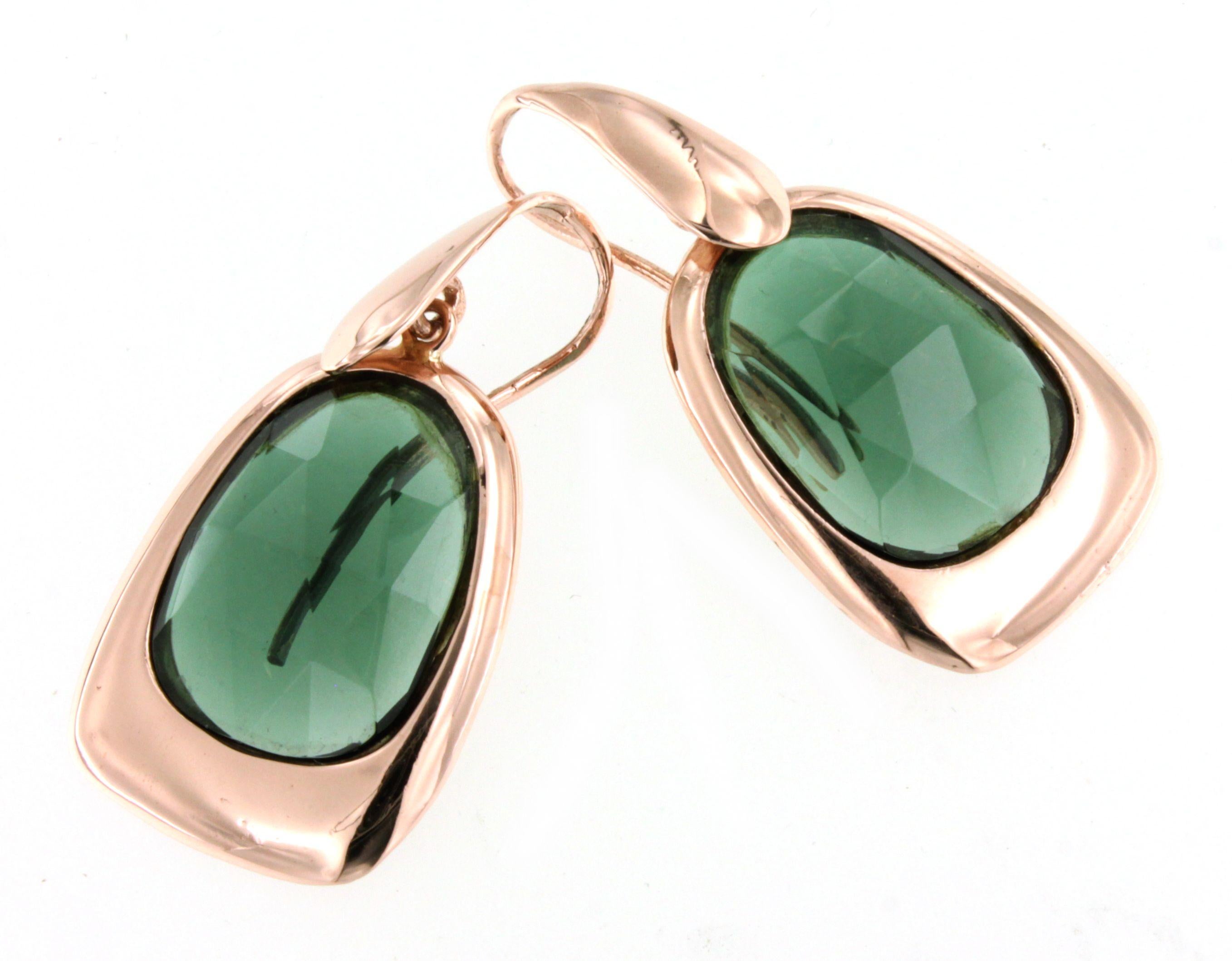 Women's or Men's 9Kt Rose Gold Green Quartz Stones Fashion Elegant Drop Modern Design Earrings For Sale