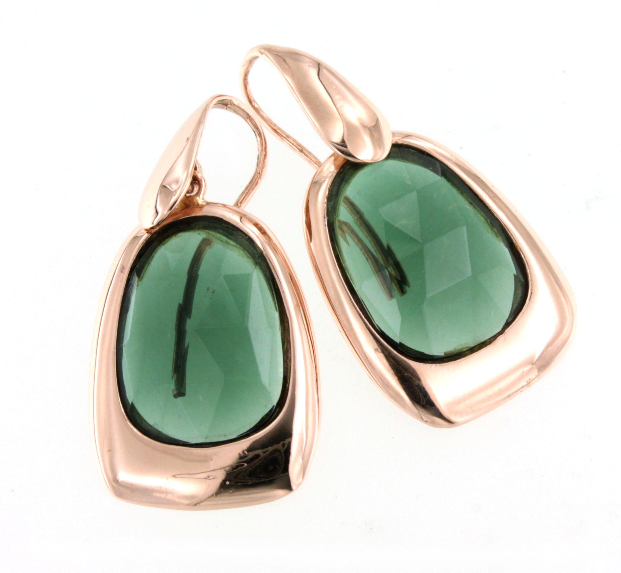 9Kt Rose Gold Green Quartz Stones Fashion Elegant Drop Modern Design Earrings For Sale 1