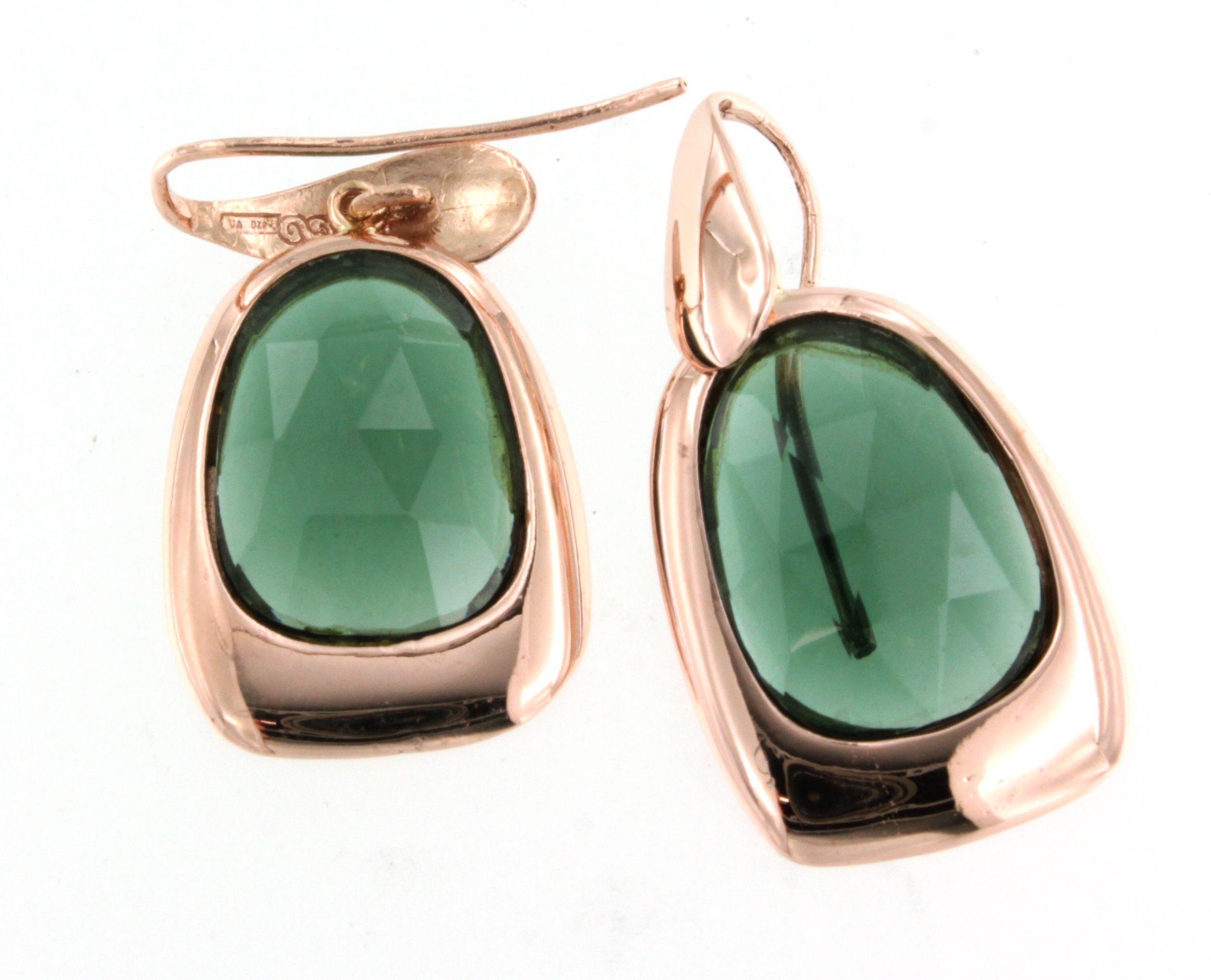 9Kt Rose Gold Green Quartz Stones Fashion Elegant Drop Modern Design Earrings For Sale 2