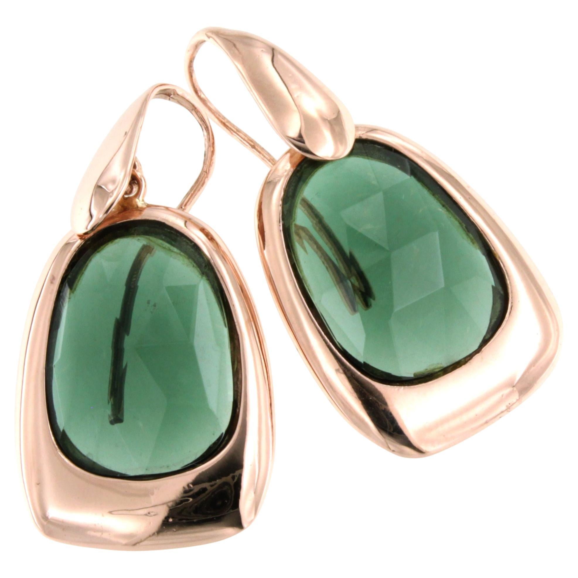9Kt Rose Gold Green Quartz Stones Fashion Elegant Drop Modern Design Earrings For Sale