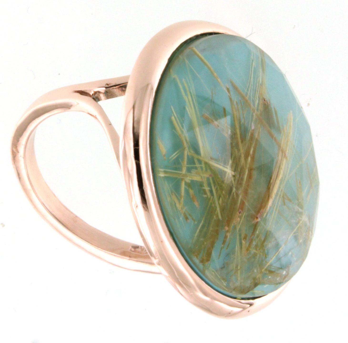 Fashion modern cocktail ring in 9kt rose gold with natural  double stone : rutilated quartz and tourquoise  handemade in Italy by Stanoppi Jewellery since 1948.  The stone is a real novelty, designed by the stylist Gisella for her new jewels of the
