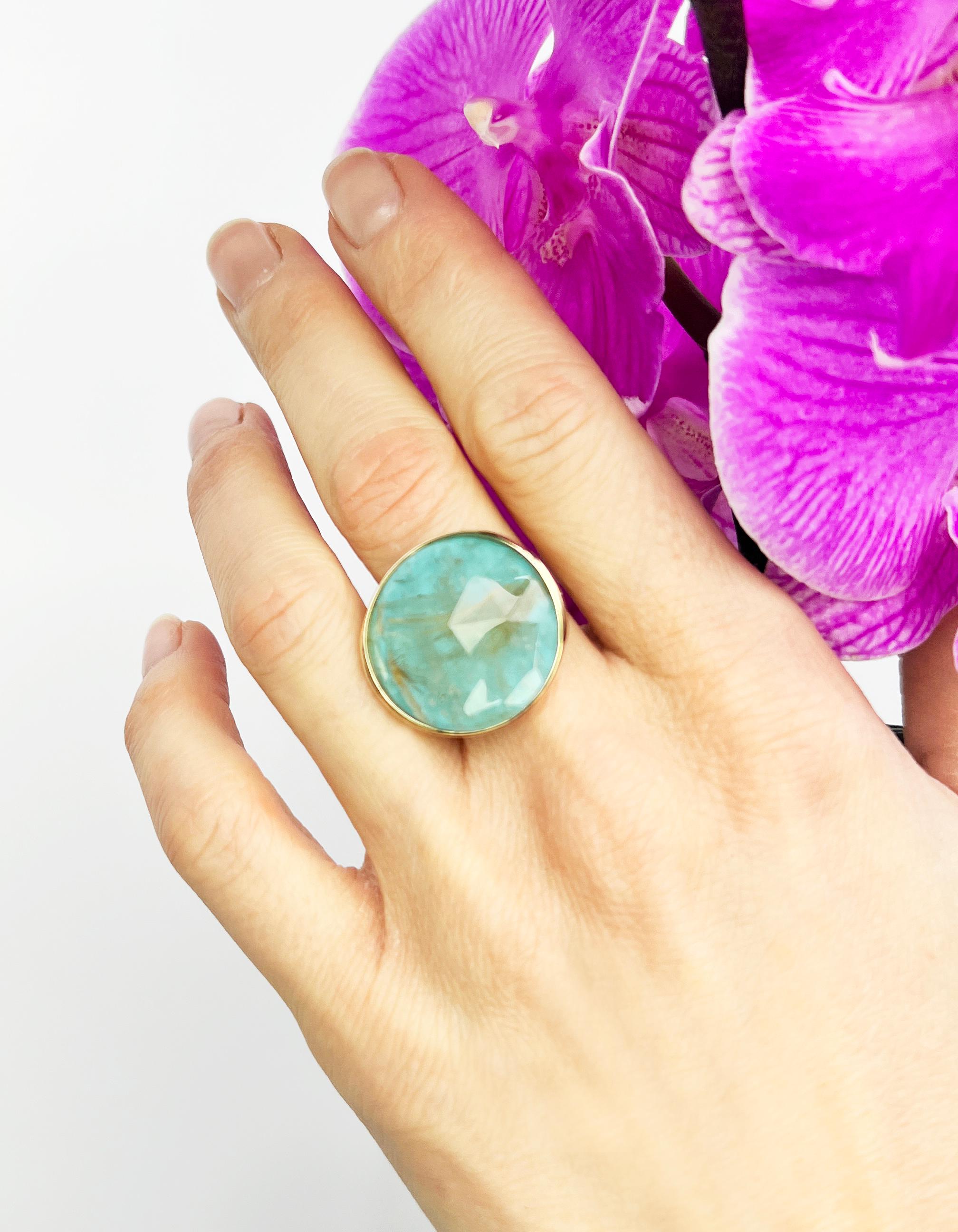 Cabochon 9Kt  Rose Gold Natural Double Stone Quartz Turquoise Cocktail  Modern Ring For Sale