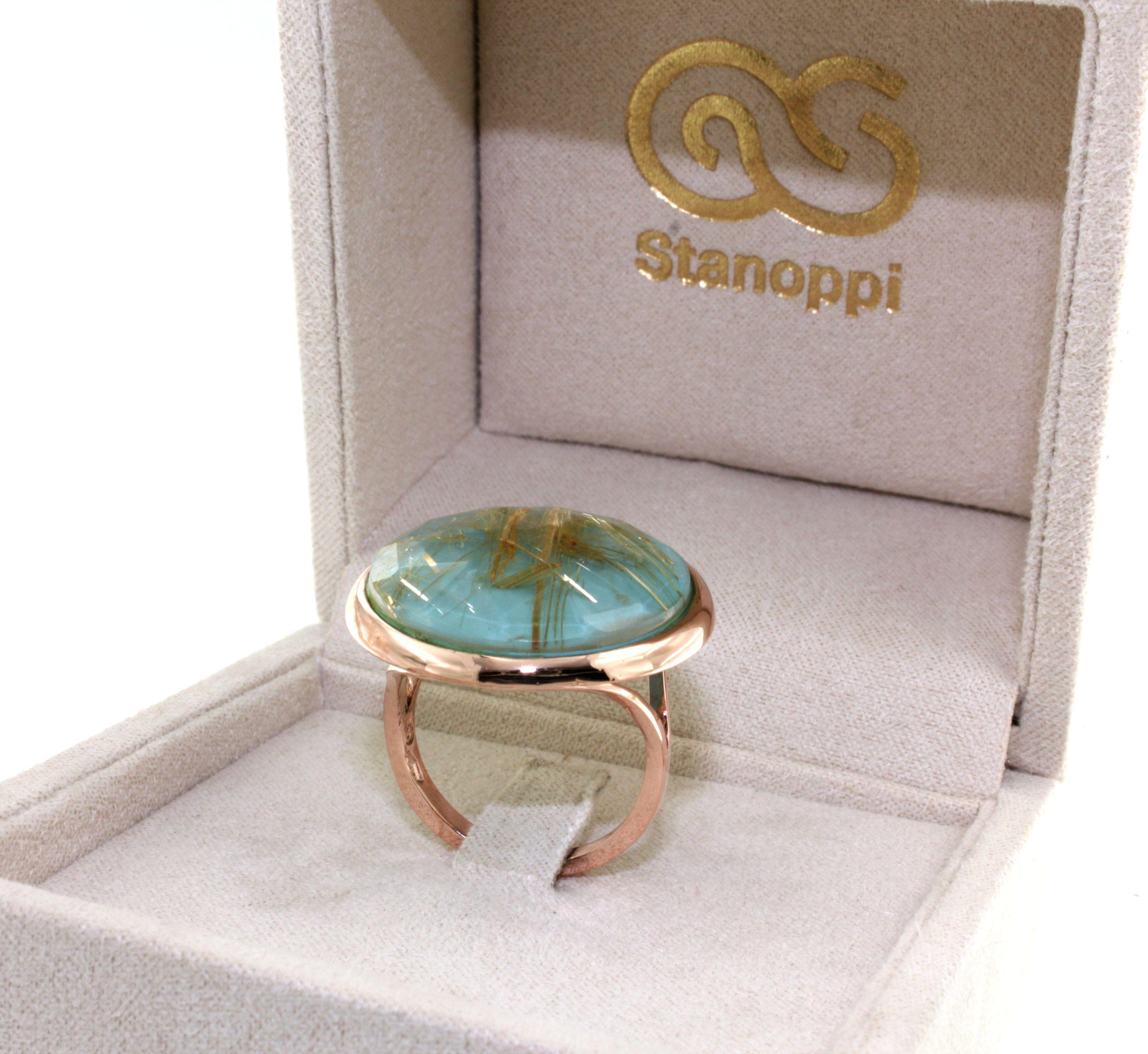 9Kt  Rose Gold Natural Double Stone Quartz Turquoise Cocktail  Modern Ring In New Condition For Sale In GALLARATE, IT