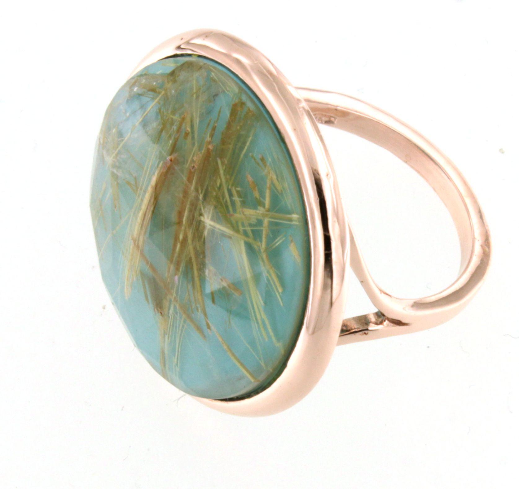 Women's or Men's 9Kt  Rose Gold Natural Double Stone Quartz Turquoise Cocktail  Modern Ring For Sale
