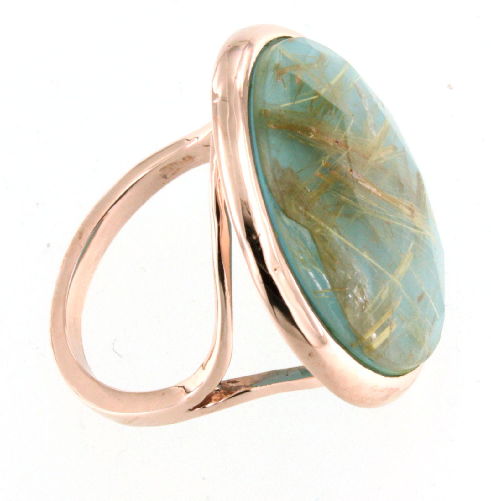 9Kt  Rose Gold Natural Double Stone Quartz Turquoise Cocktail  Modern Ring For Sale 2