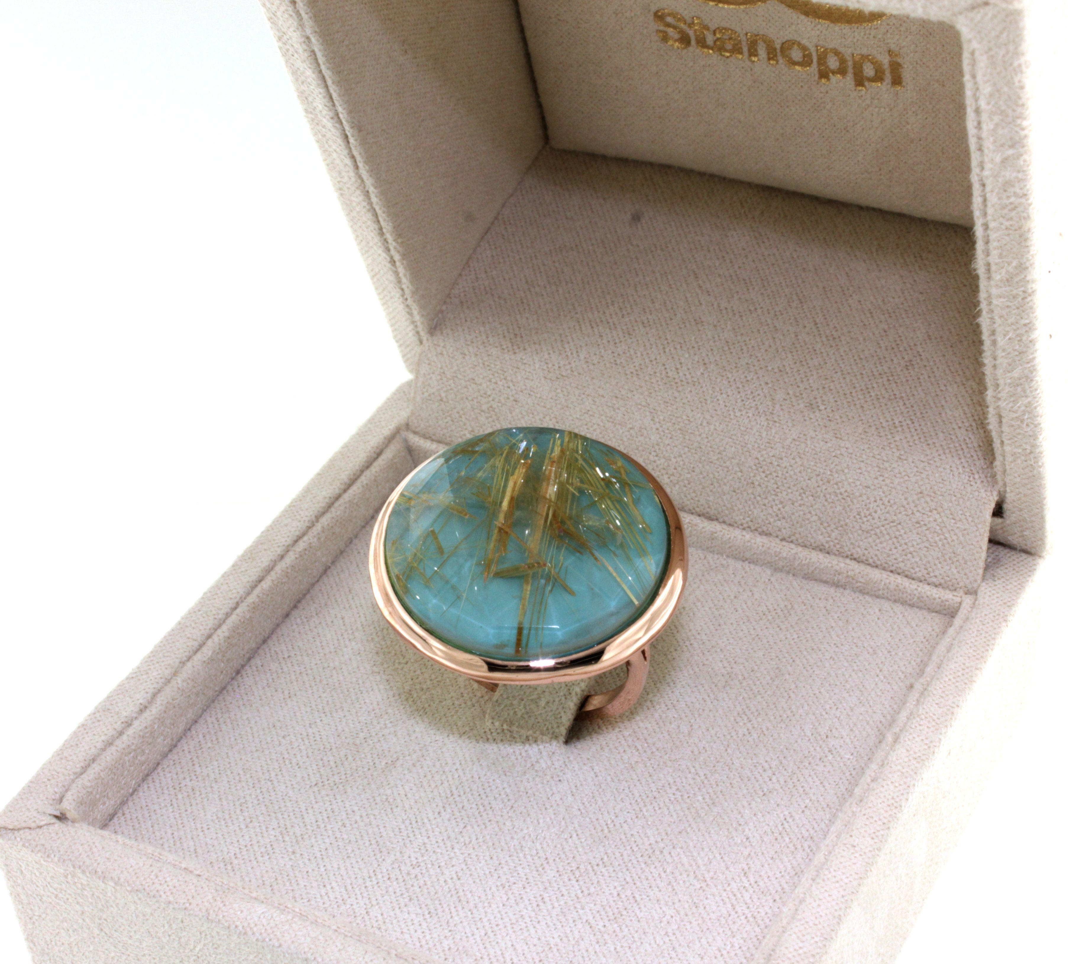 9Kt  Rose Gold Natural Double Stone Quartz Turquoise Cocktail  Modern Ring For Sale 3
