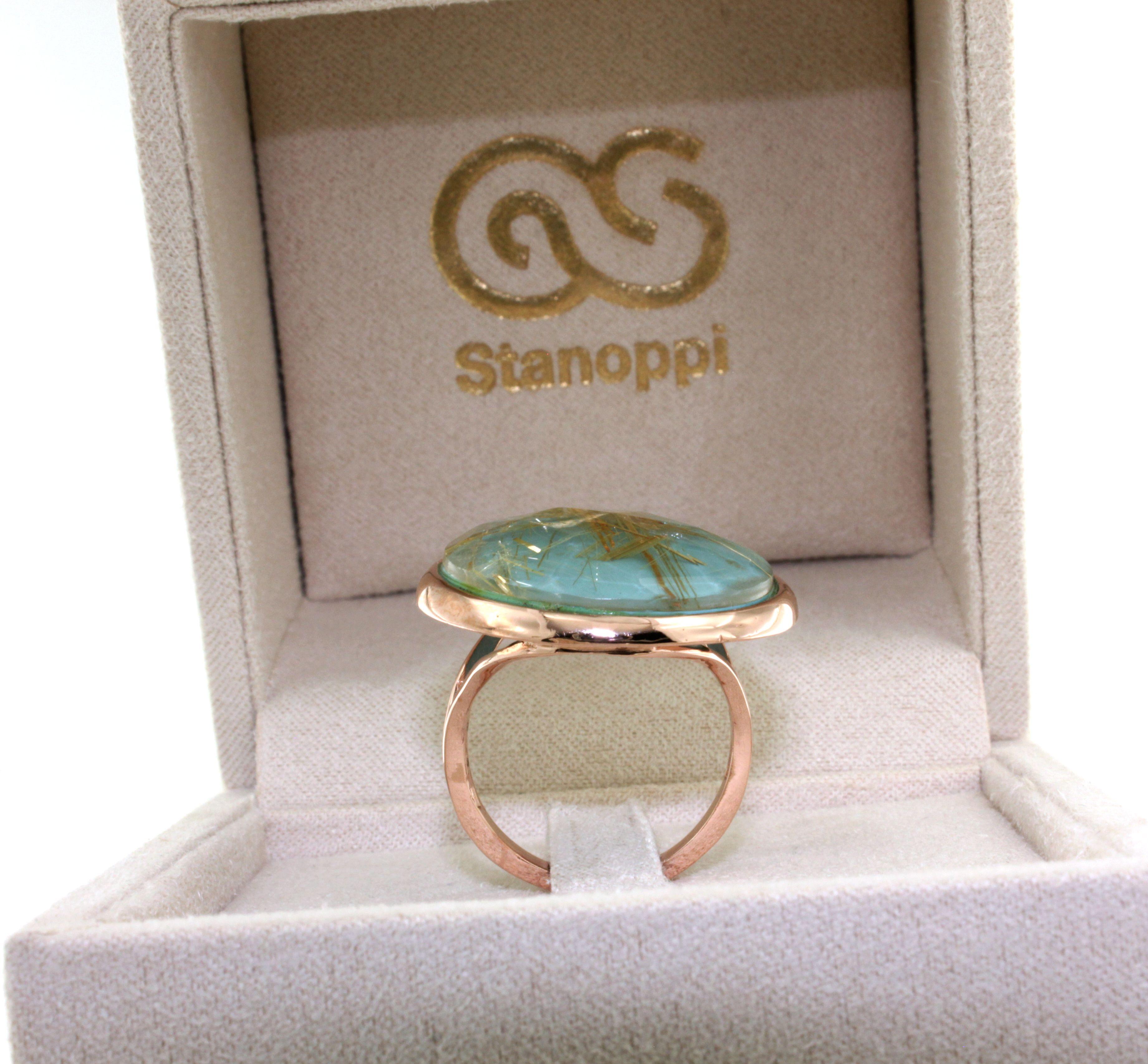 9Kt  Rose Gold Natural Double Stone Quartz Turquoise Cocktail  Modern Ring For Sale 4