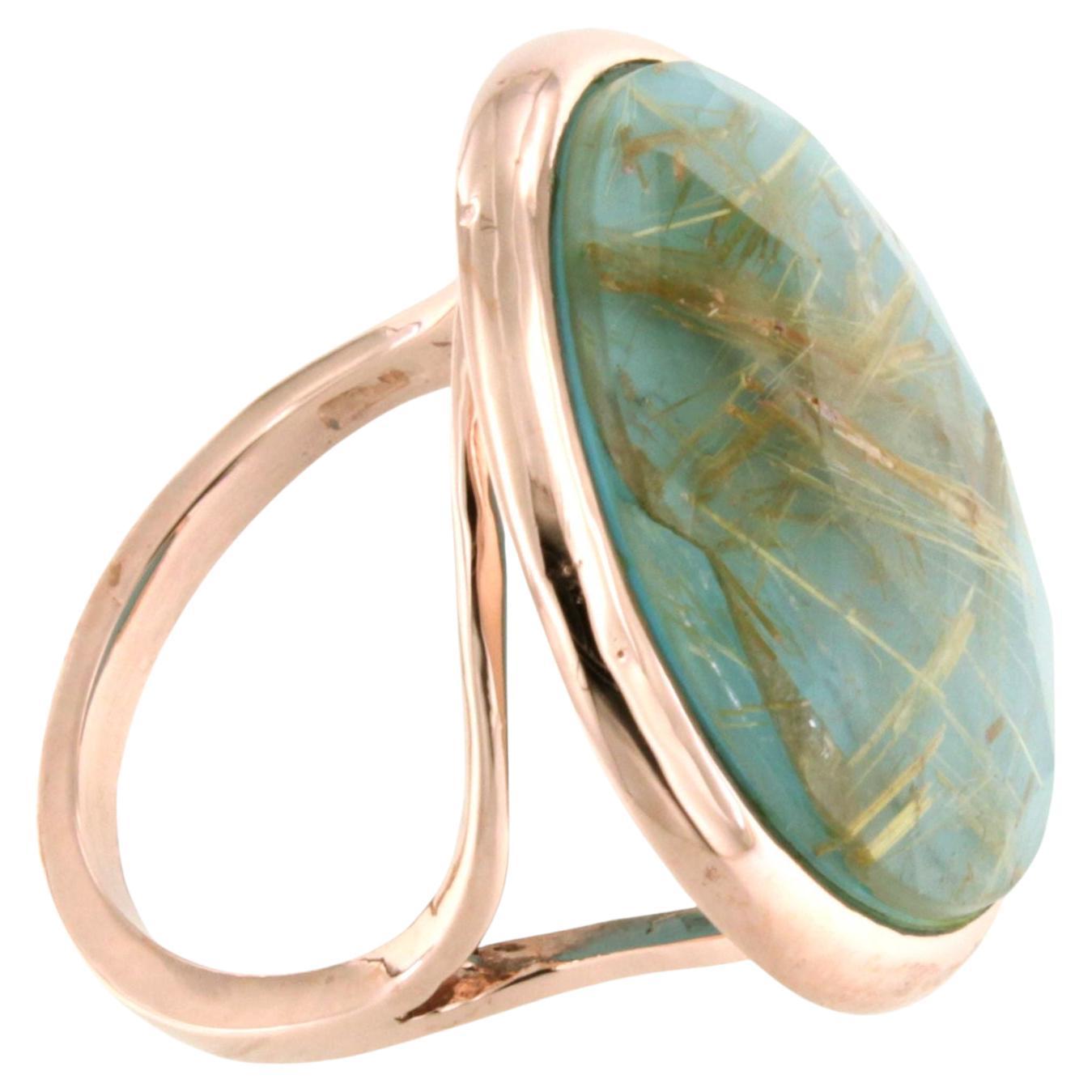 9Kt  Rose Gold Natural Double Stone Quartz Turquoise Cocktail  Modern Ring