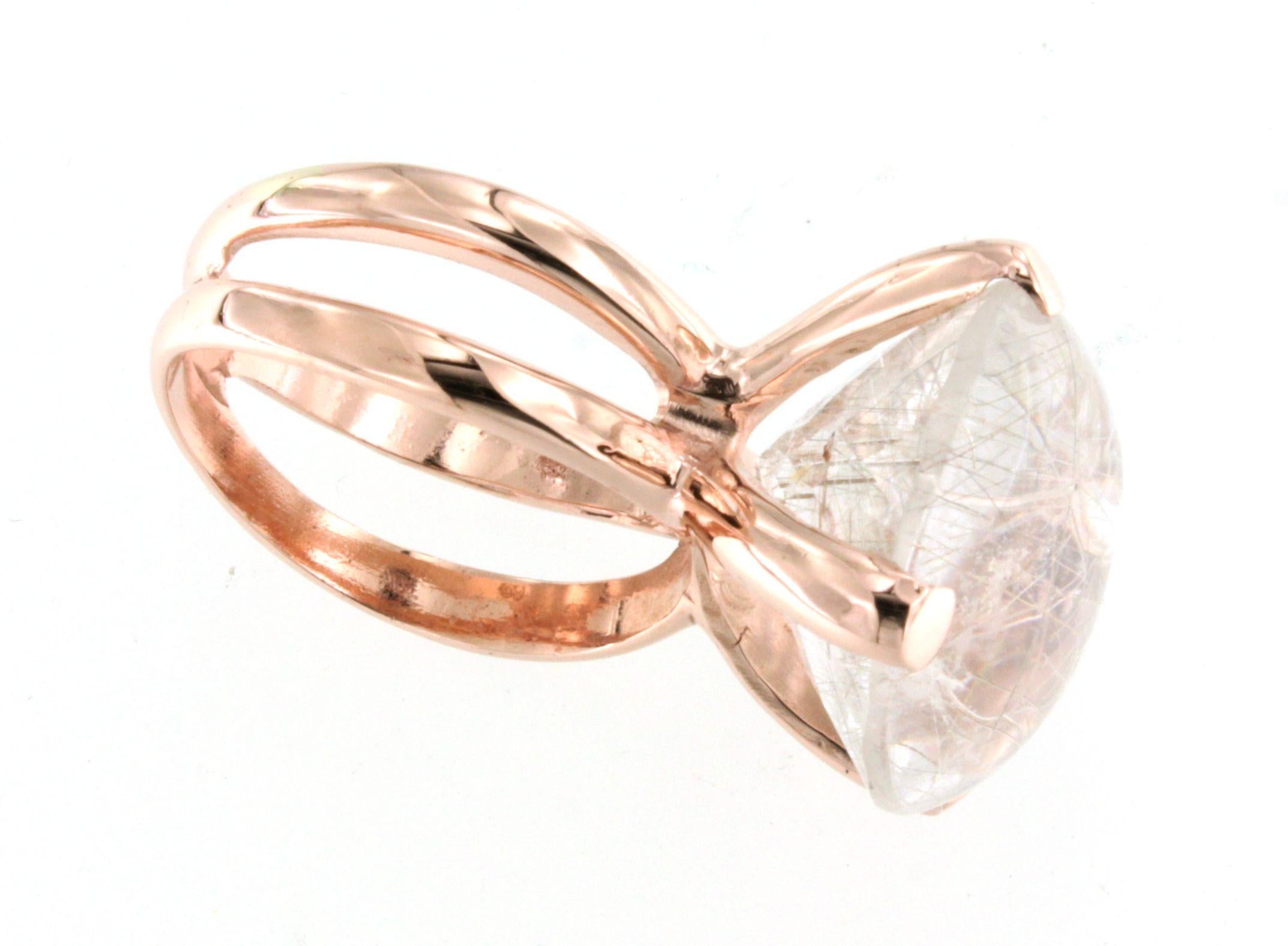 da uomo o donna 9Kt  Anello in oro rosa con pietra naturale, quarzo rutilato, cocktail e design moderno in vendita