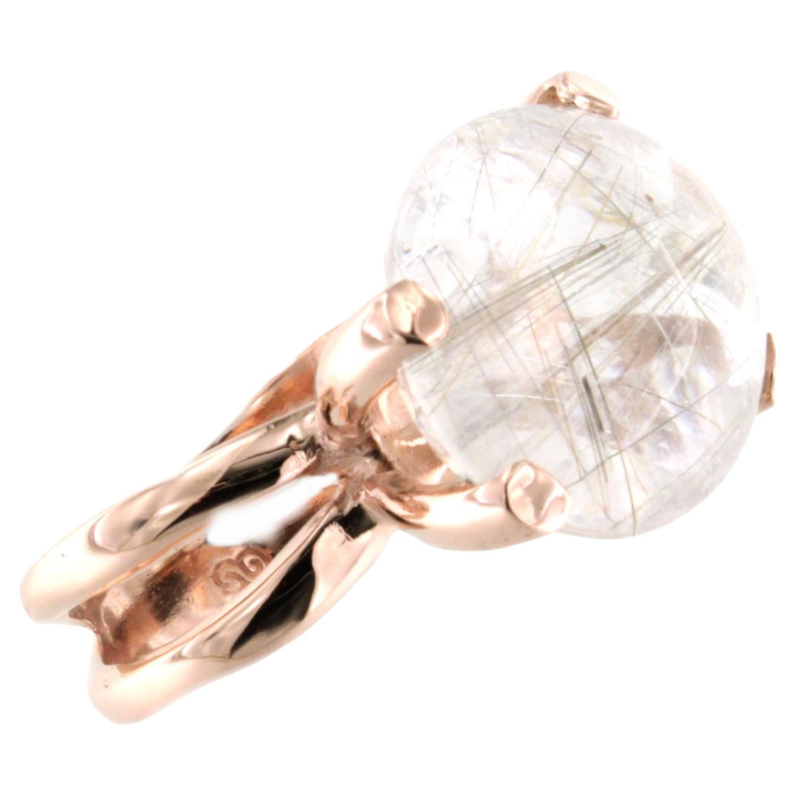 9Kt  Rose Gold Natural Stone Rutilated Quartz Cocktail Trandy Design Modern Ring