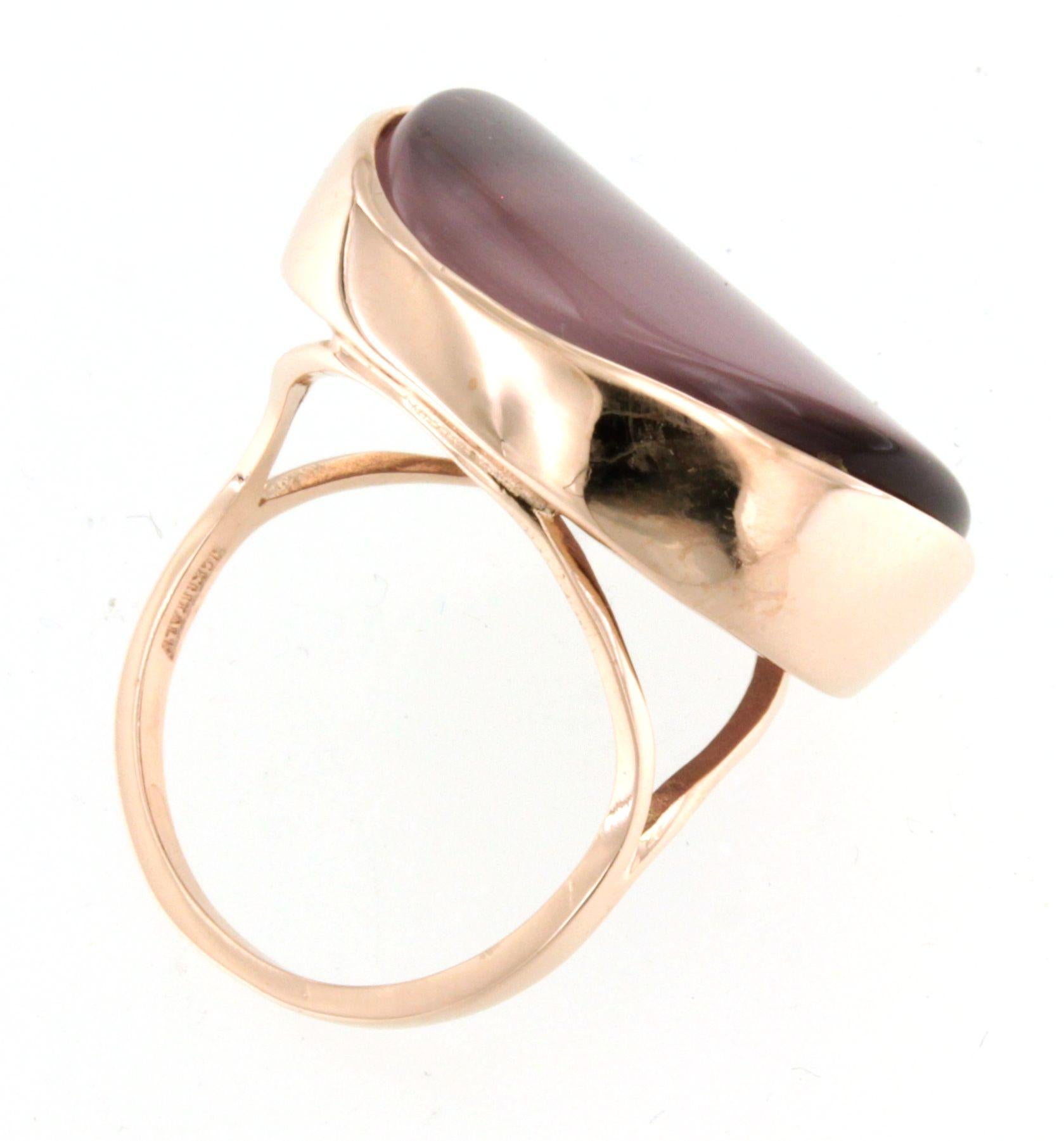 9Kt  Rose Gold Pink Quartz Agata Stone Fashion Cocktail Modernist  Modern Ring For Sale 3
