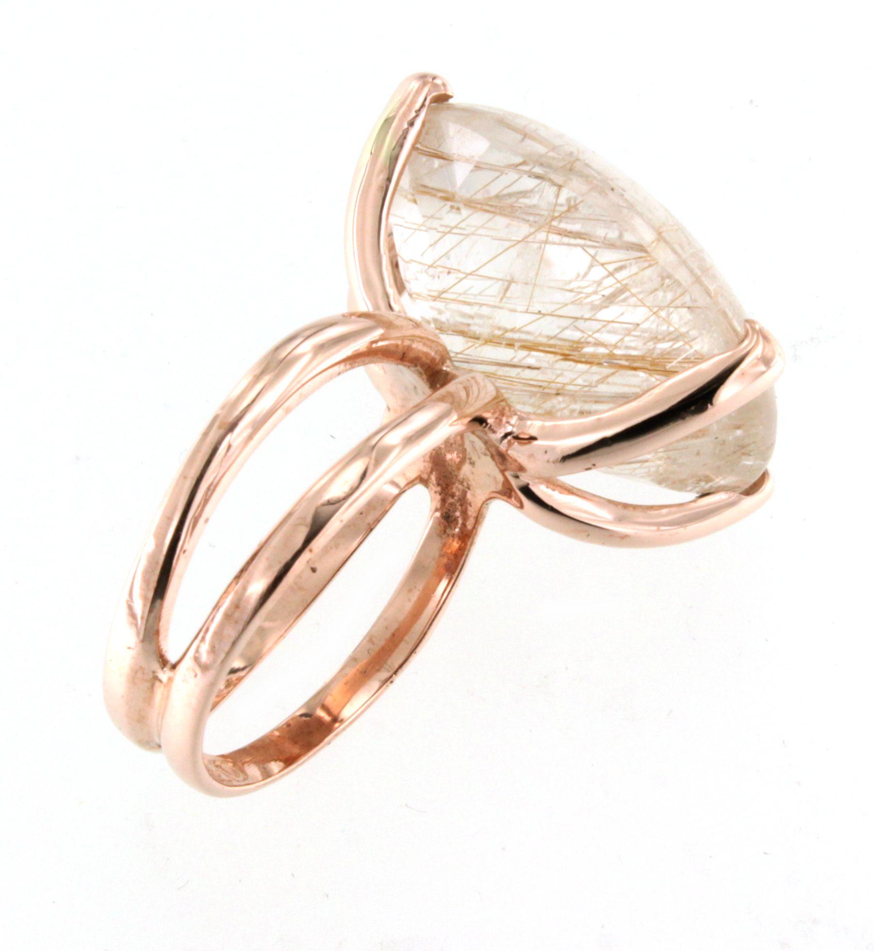 Cabochon 9Kt Rose Gold Rutiled Quartz Stone Cocktail Modern Fashion Amazing Modern Ring For Sale