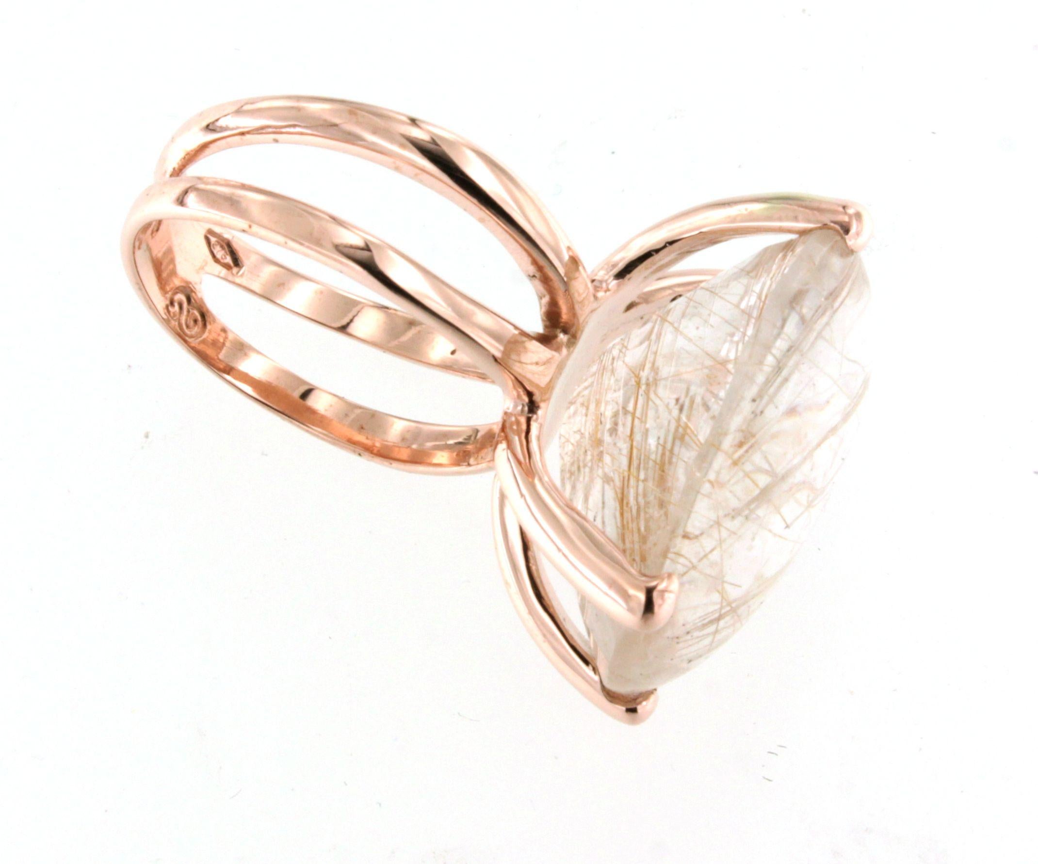 9Kt Rose Gold Rutiled Quartz Stone Cocktail Modern Fashion Amazing Modern Ring In New Condition For Sale In GALLARATE, IT