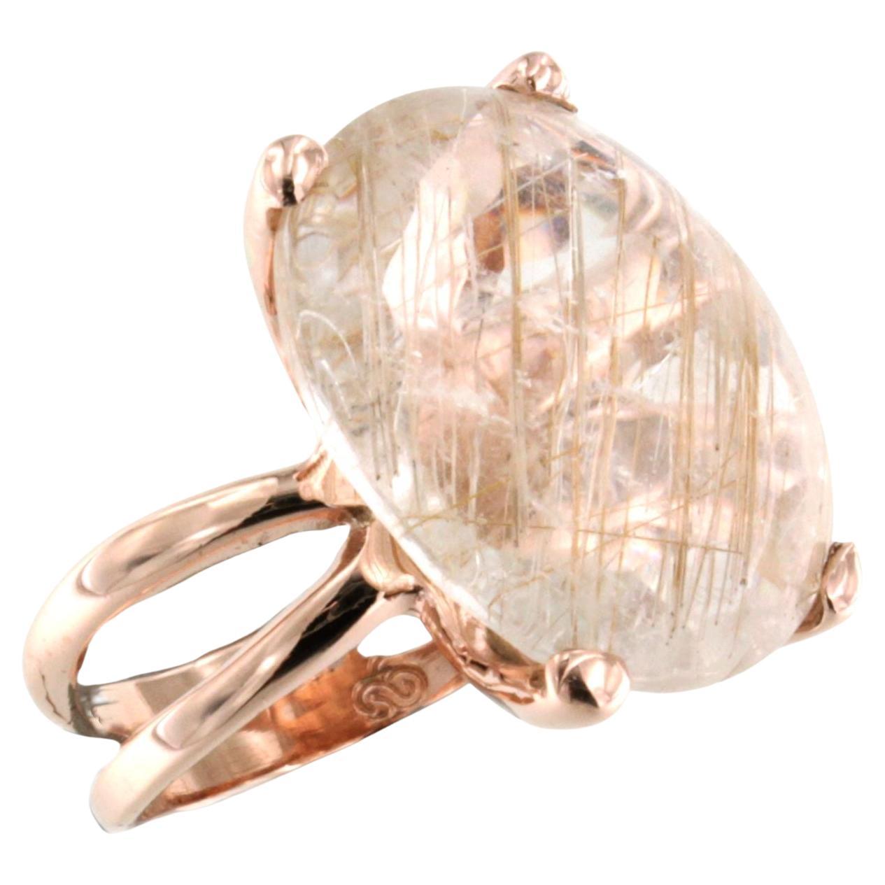 9Kt Rose Gold Rutiled Quartz Stone Cocktail Modern Fashion Amazing Modern Ring For Sale