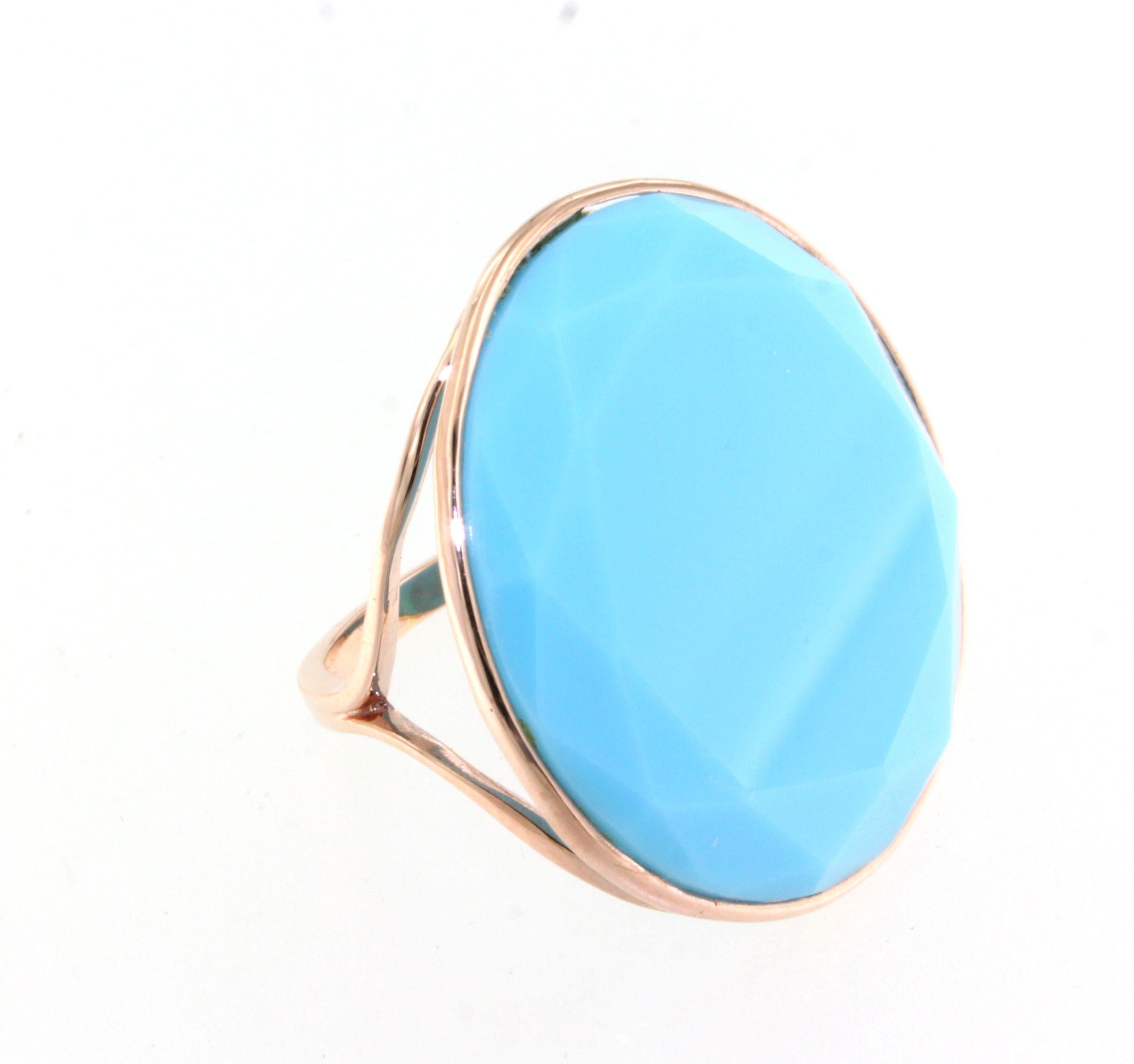 9Kt  Rose Gold Stones Quartz Tourquoise Fashion Cocktail Engagement Modern Ring For Sale 2