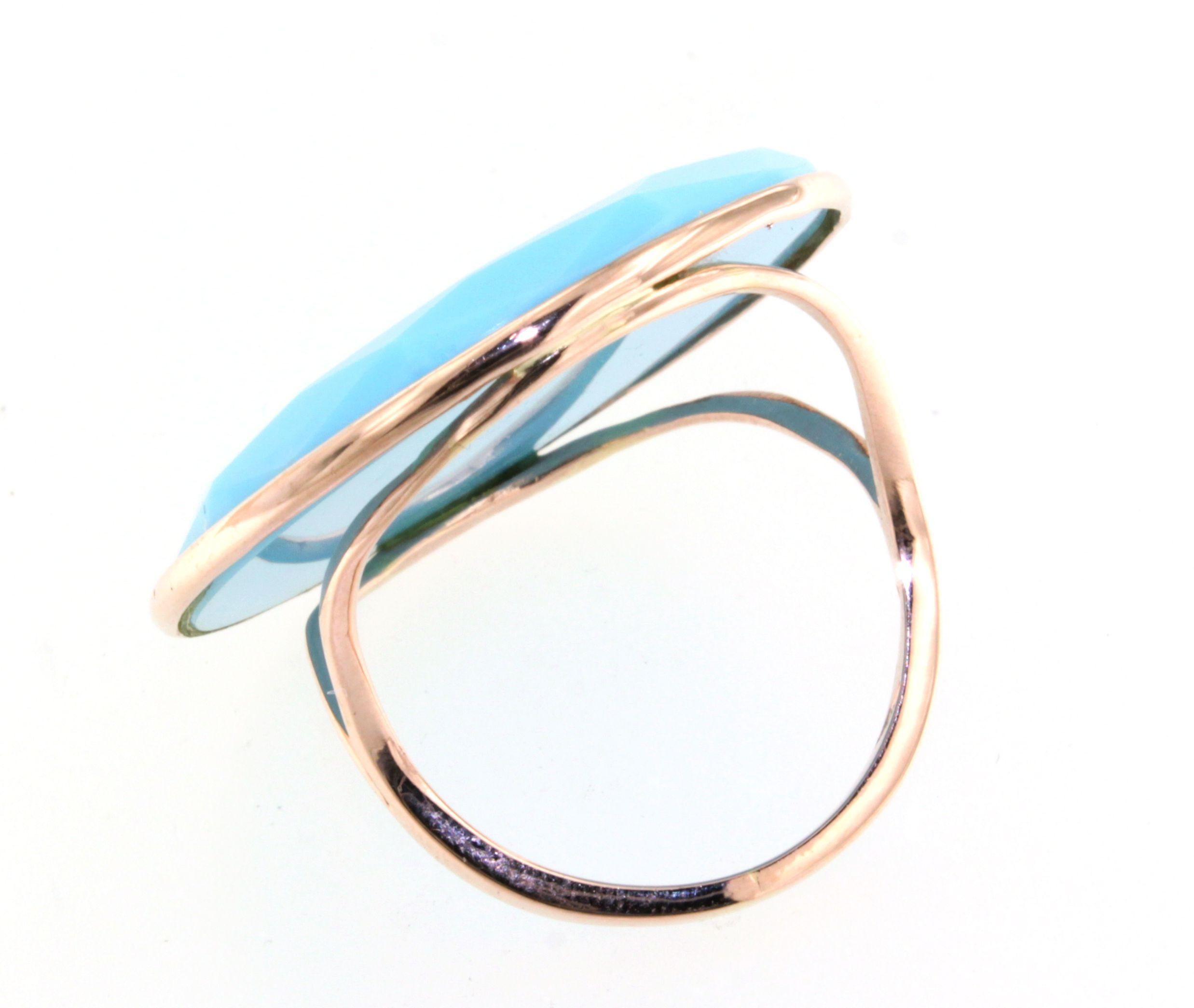 9Kt  Rose Gold Stones Quartz Tourquoise Fashion Cocktail Engagement Modern Ring For Sale 3