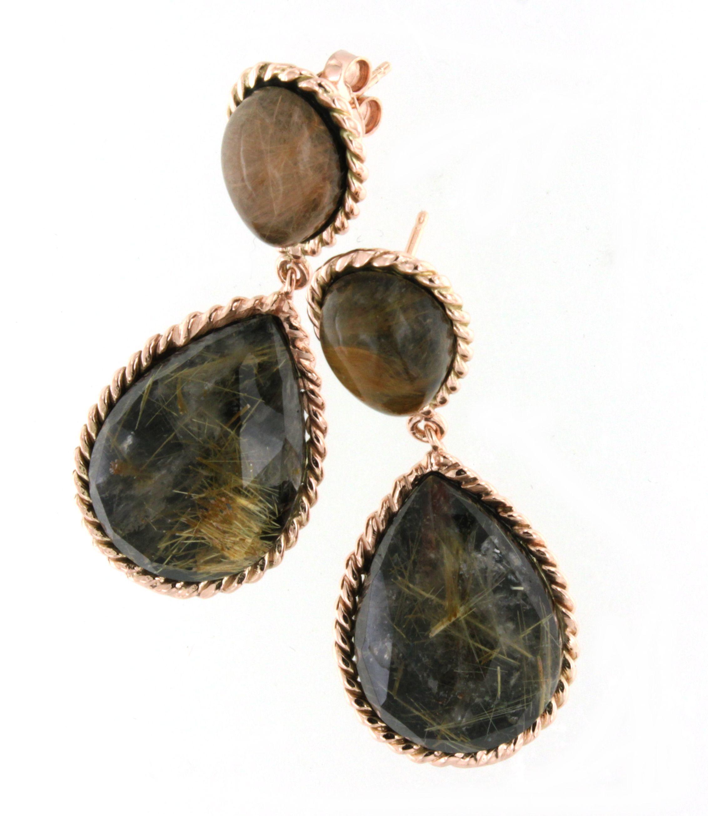Fashion modern cocktail earrings in 9kt rose gold with natural  double stone : rutilated quartz and black onyx handemade in Italy by Stanoppi Jewellery since 1948.  The stone is a real novelty, designed by the stylist Gisella for her new jewels of