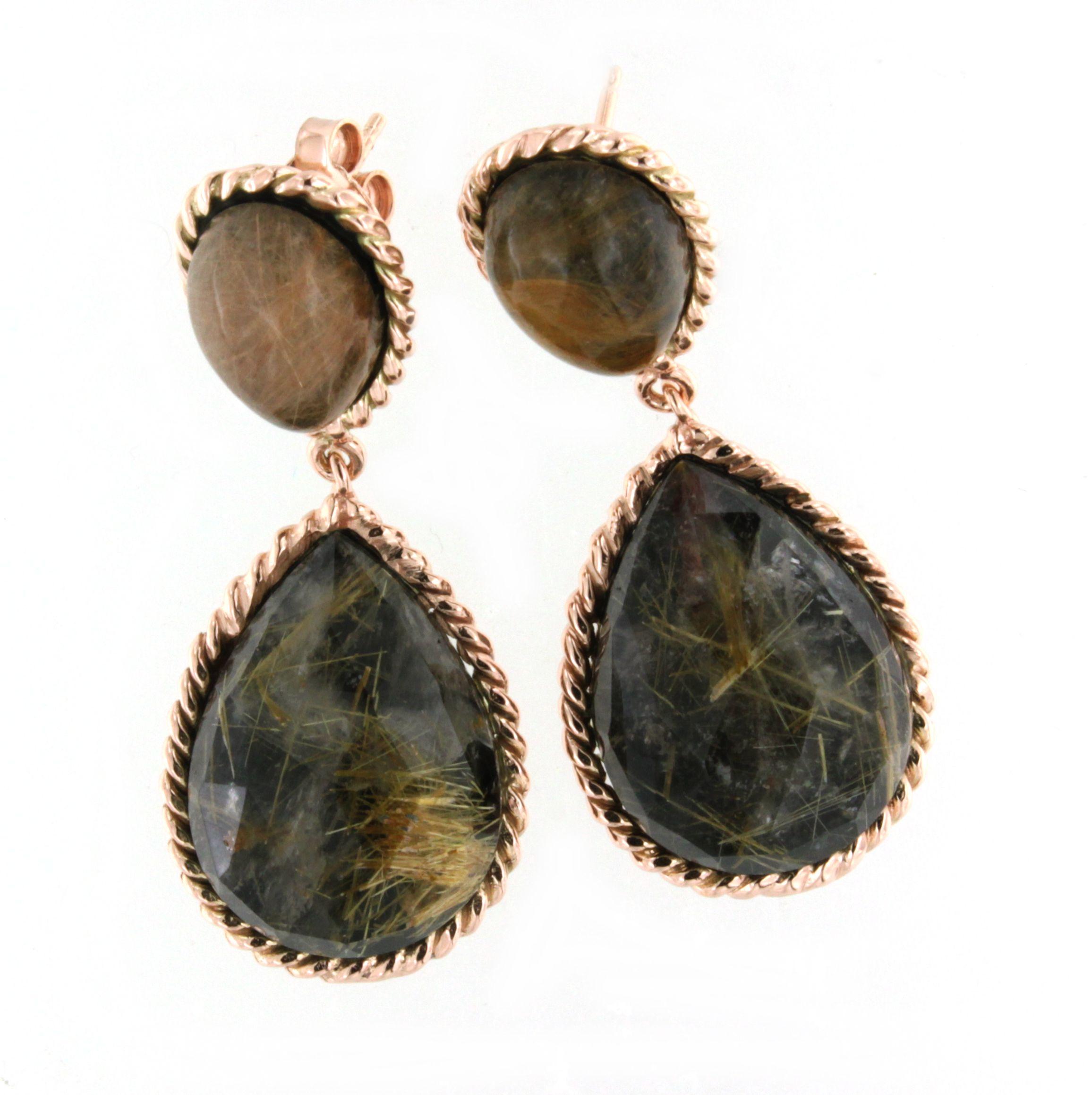 Contemporary 9Kt Rose Gold Stones Rutilated Quartz Onyx Fashion Modern Design Earrings For Sale