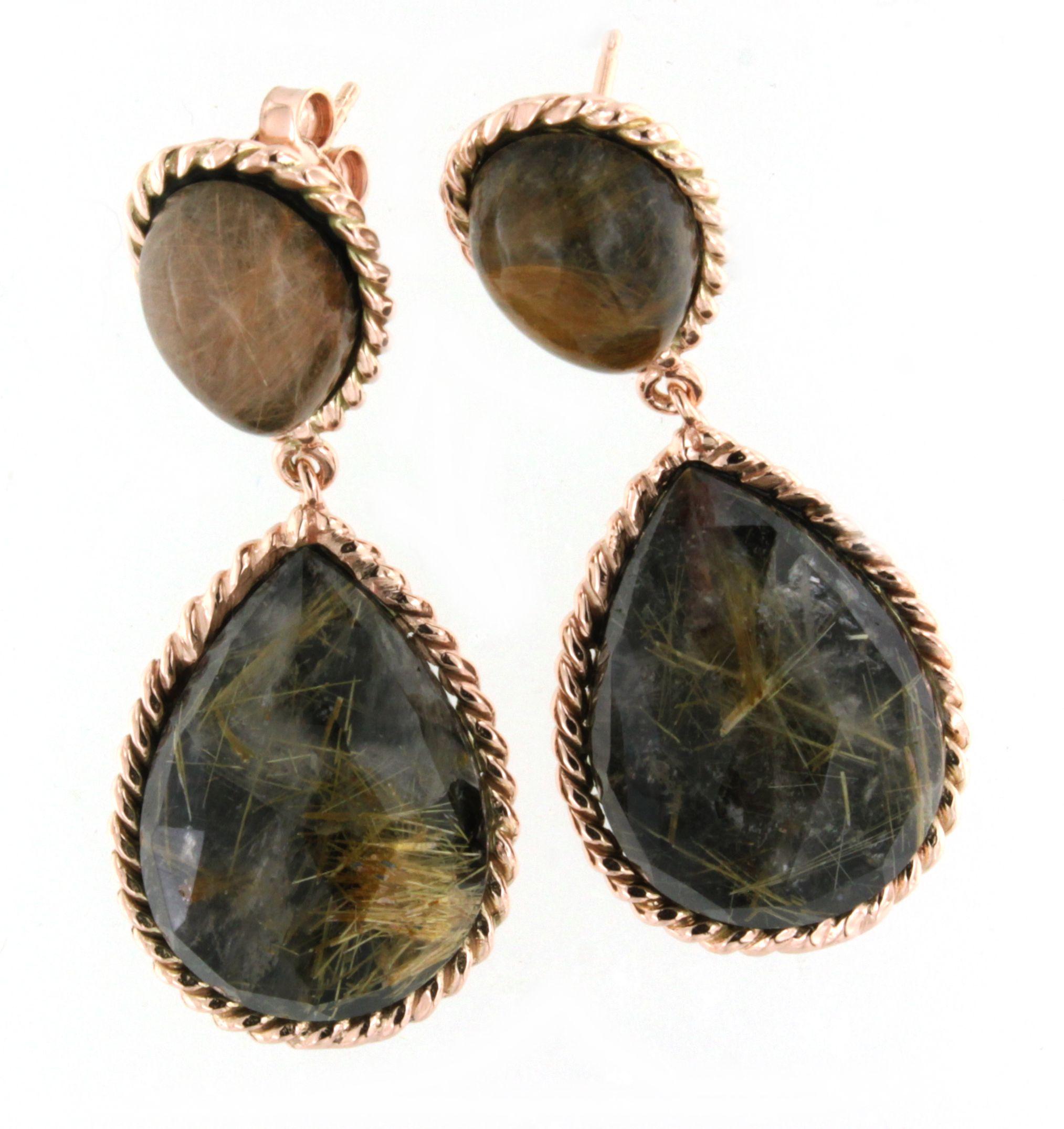Cabochon 9Kt Rose Gold Stones Rutilated Quartz Onyx Fashion Modern Design Earrings For Sale