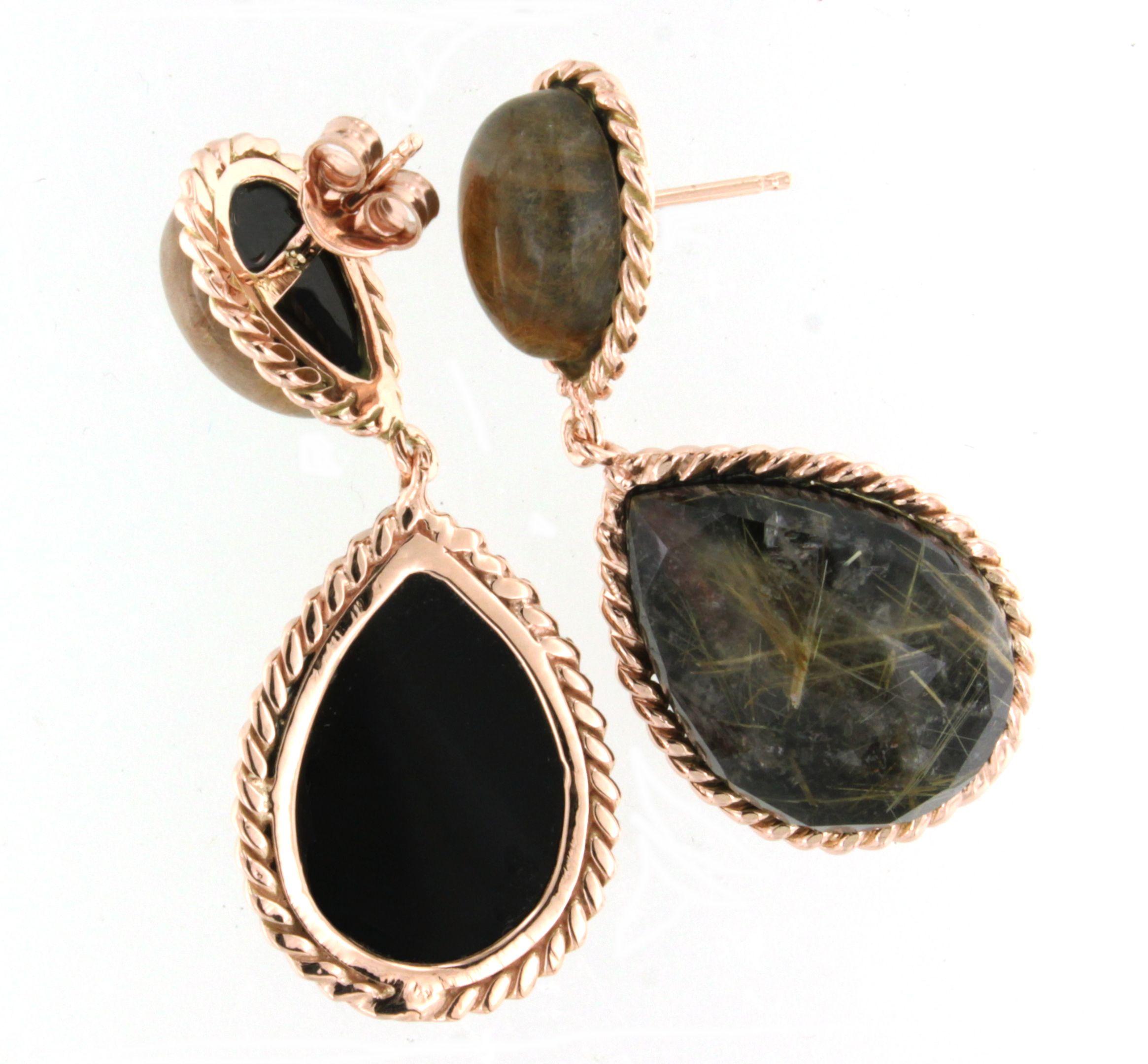 9Kt Rose Gold Stones Rutilated Quartz Onyx Fashion Modern Design Earrings In New Condition For Sale In GALLARATE, IT