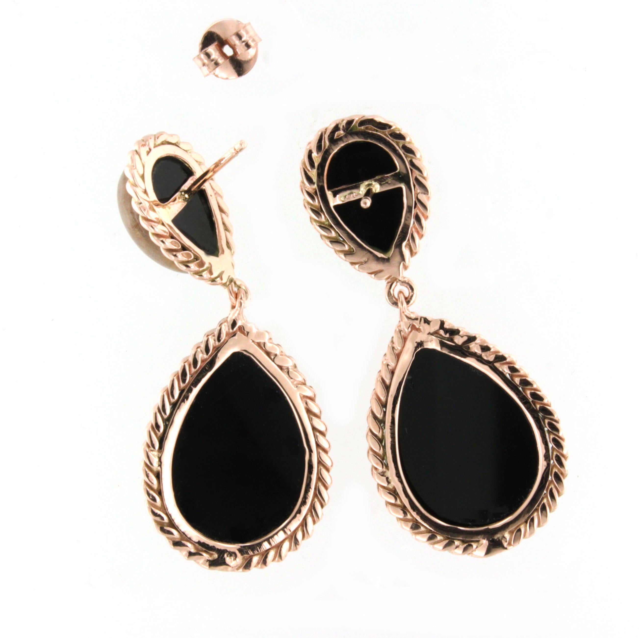 Women's or Men's 9Kt Rose Gold Stones Rutilated Quartz Onyx Fashion Modern Design Earrings For Sale