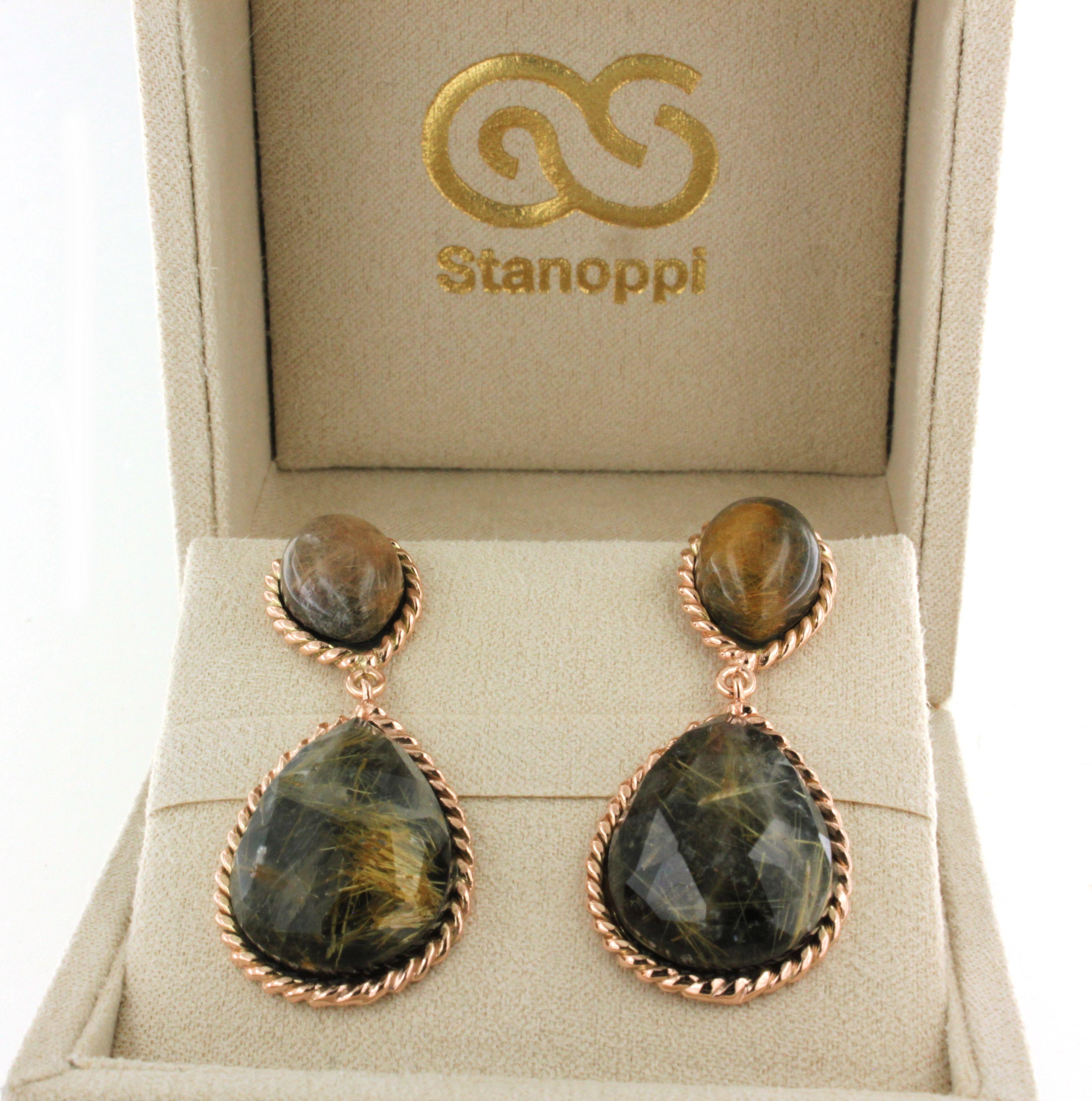 9Kt Rose Gold Stones Rutilated Quartz Onyx Fashion Modern Design Earrings For Sale 1