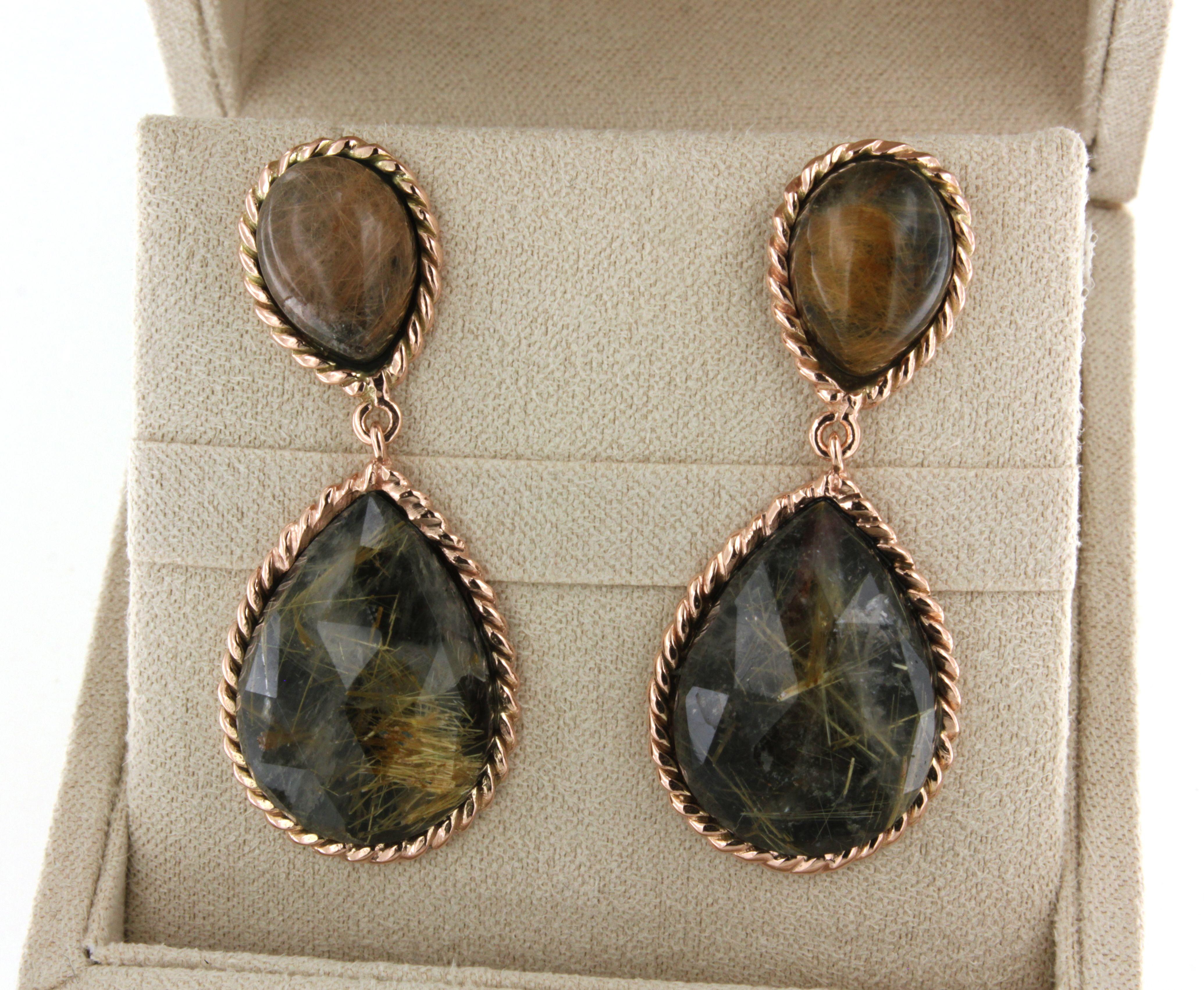 9Kt Rose Gold Stones Rutilated Quartz Onyx Fashion Modern Design Earrings For Sale 2