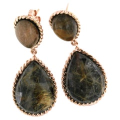 9Kt Rose Gold Stones Rutilated Quartz Onyx Fashion Modern Design Earrings