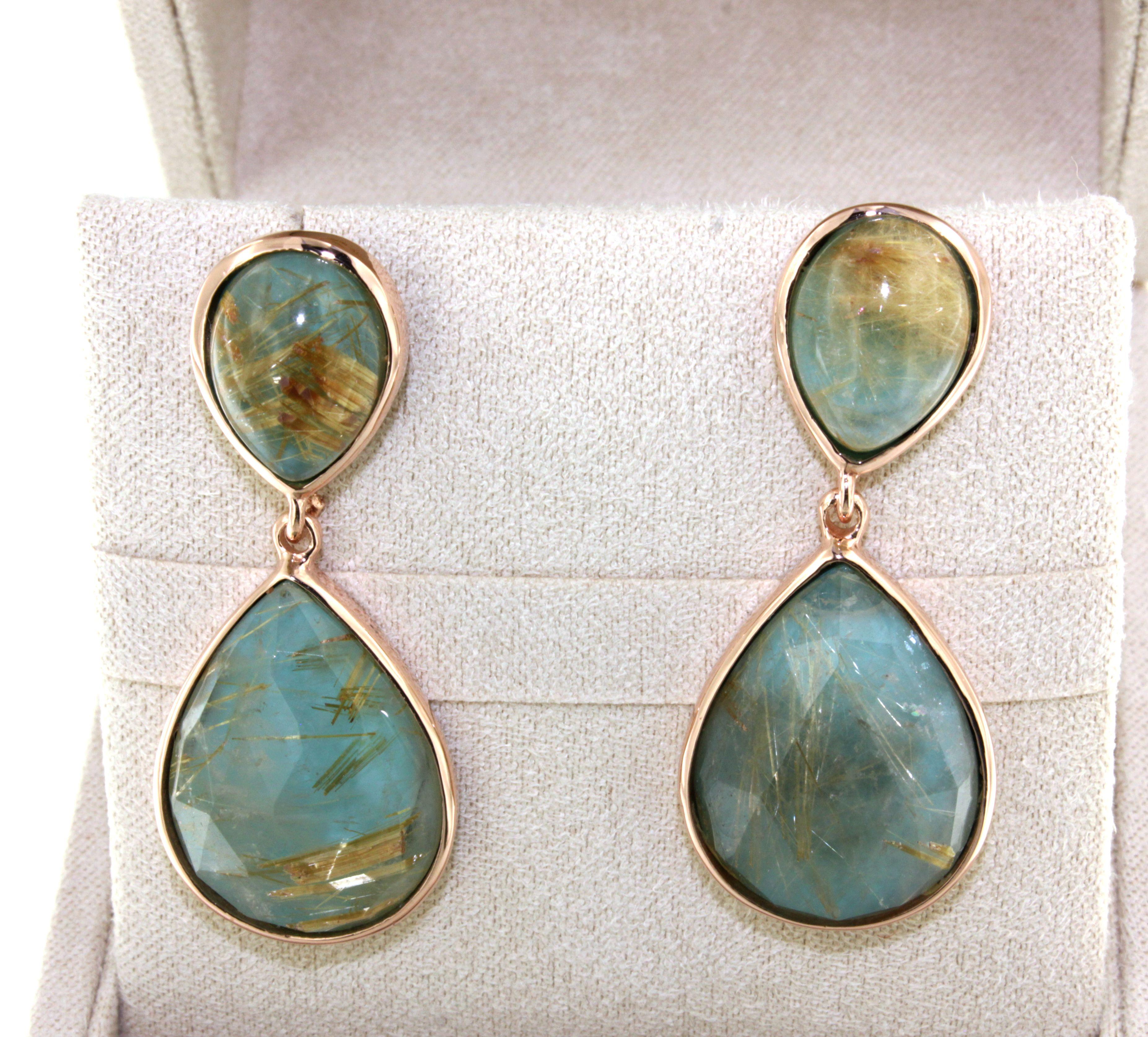 9Kt Rose Gold Stones Rutilated Quartz Turquoise Fashion Modern Design Earrings For Sale 5