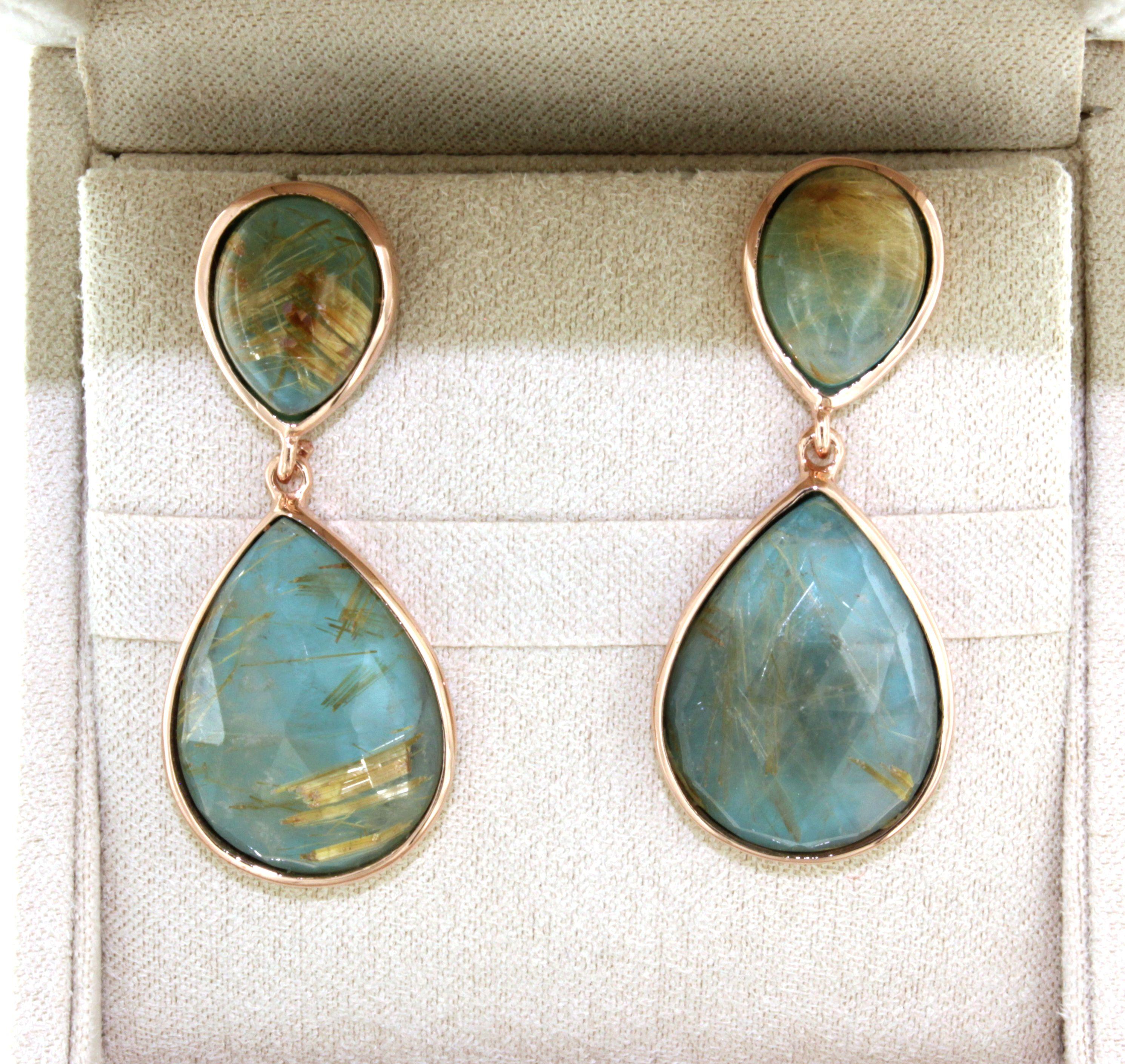 9Kt Rose Gold Stones Rutilated Quartz Turquoise Fashion Modern Design Earrings For Sale 6