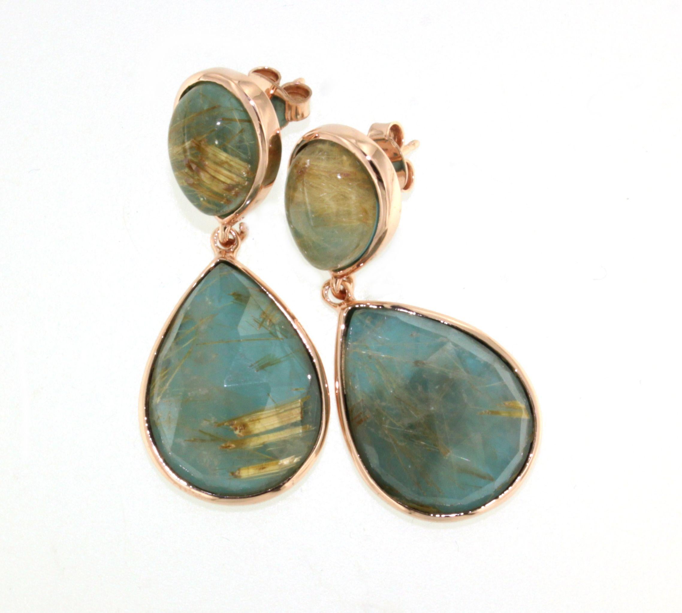 Fashion modern cocktail earrings in 9kt rose gold with natural  double stone : rutilated quartz and tourquoise  handemade in Italy by Stanoppi Jewellery since 1948.  The stone is a real novelty, designed by the stylist Gisella for her new jewels of