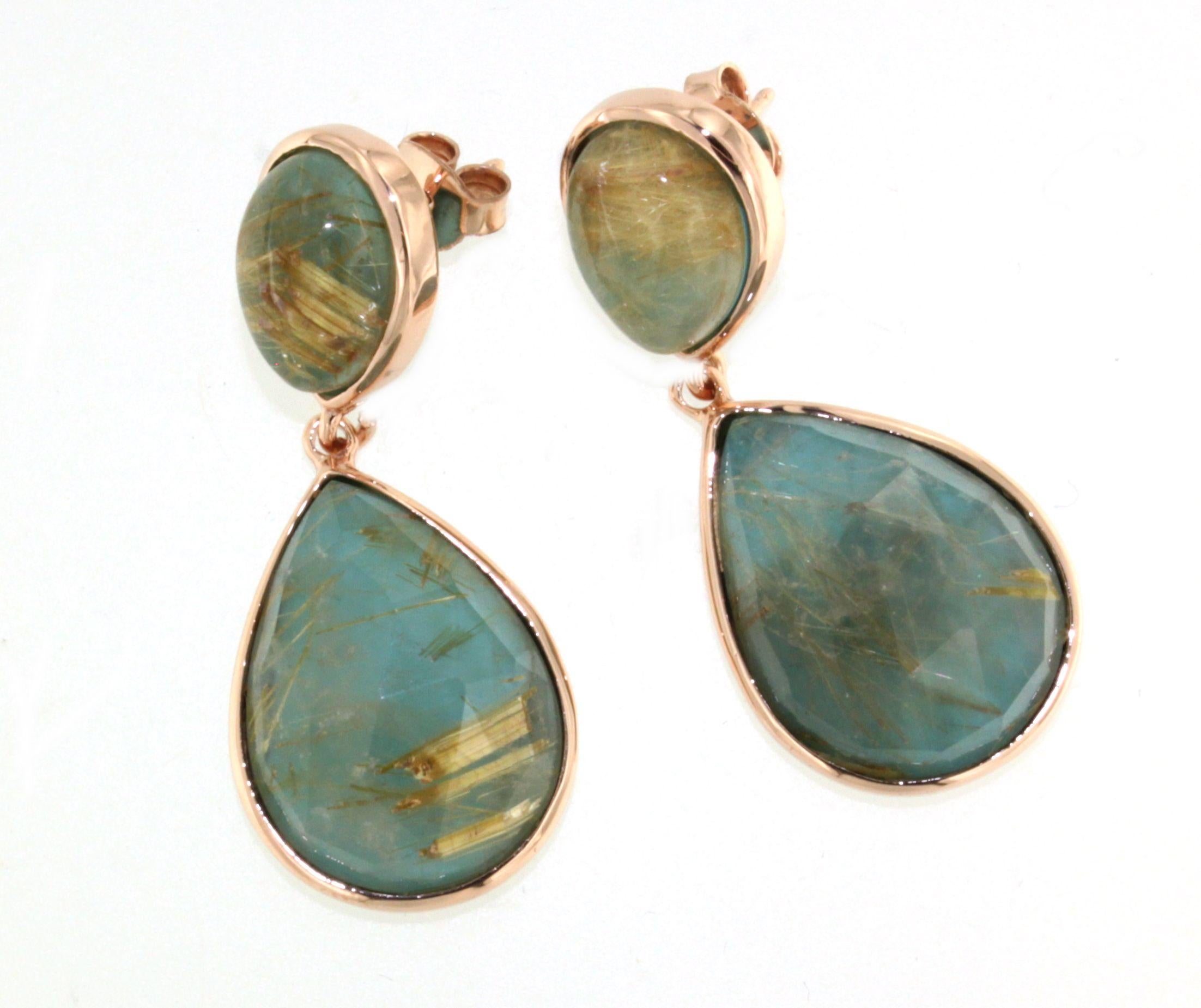 Cabochon 9Kt Rose Gold Stones Rutilated Quartz Turquoise Fashion Modern Design Earrings For Sale