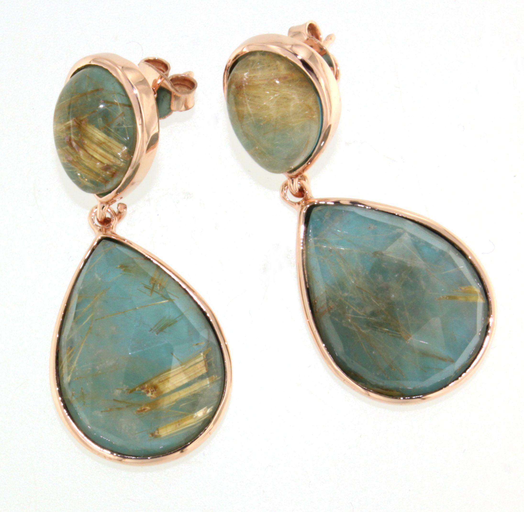 9Kt Rose Gold Stones Rutilated Quartz Turquoise Fashion Modern Design Earrings In New Condition For Sale In GALLARATE, IT