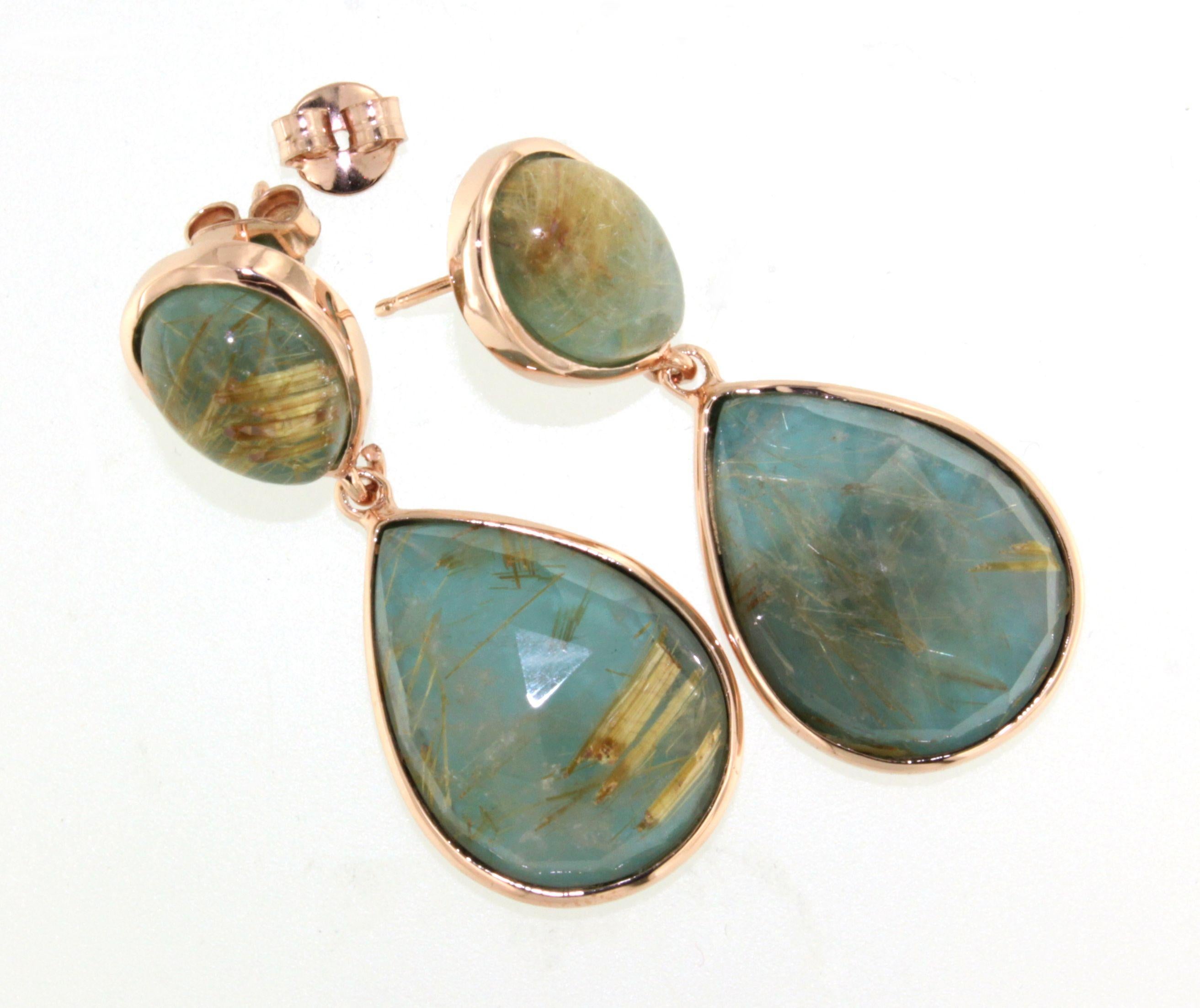 Women's or Men's 9Kt Rose Gold Stones Rutilated Quartz Turquoise Fashion Modern Design Earrings For Sale