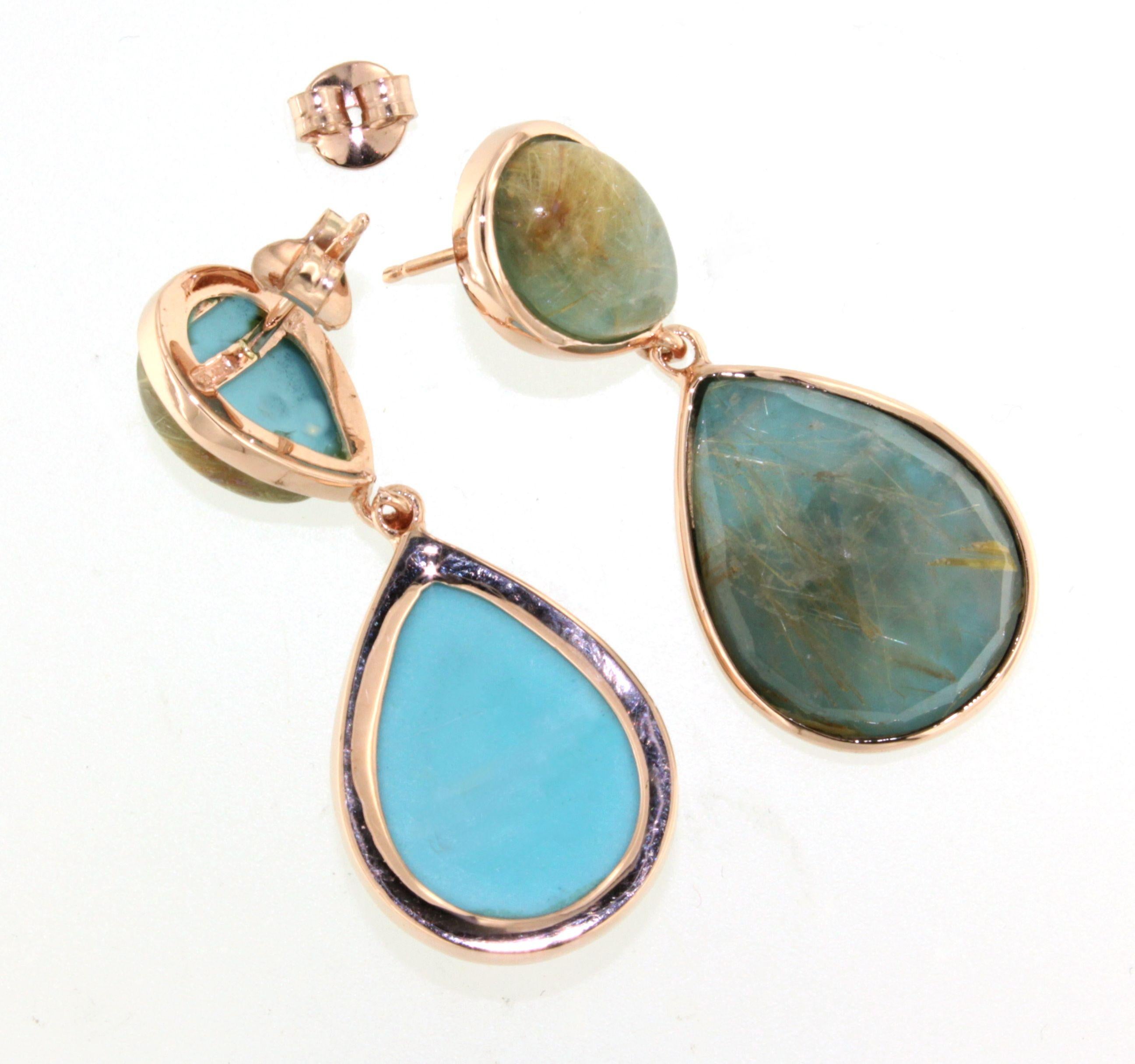 9Kt Rose Gold Stones Rutilated Quartz Turquoise Fashion Modern Design Earrings For Sale 1