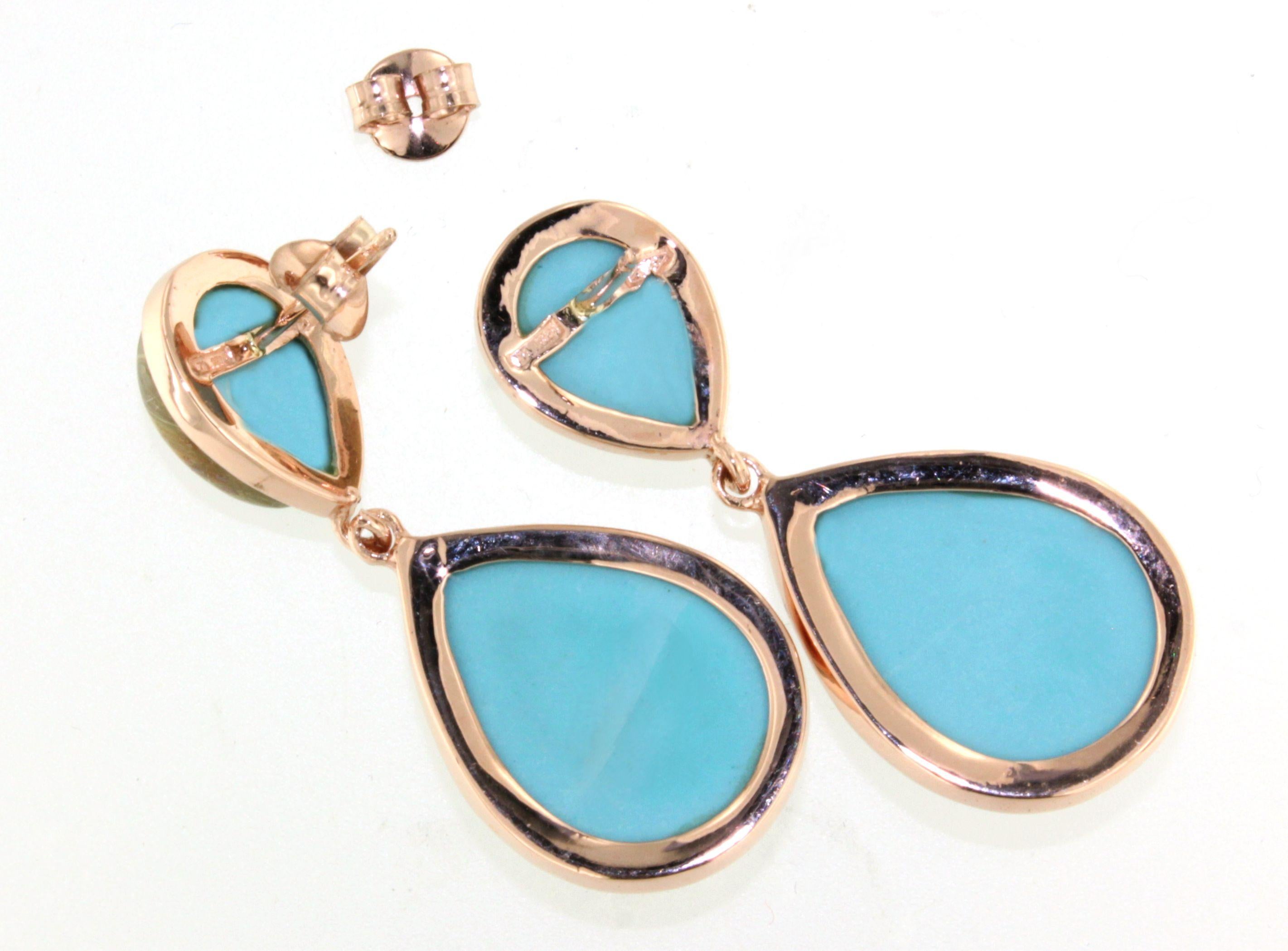 9Kt Rose Gold Stones Rutilated Quartz Turquoise Fashion Modern Design Earrings For Sale 2