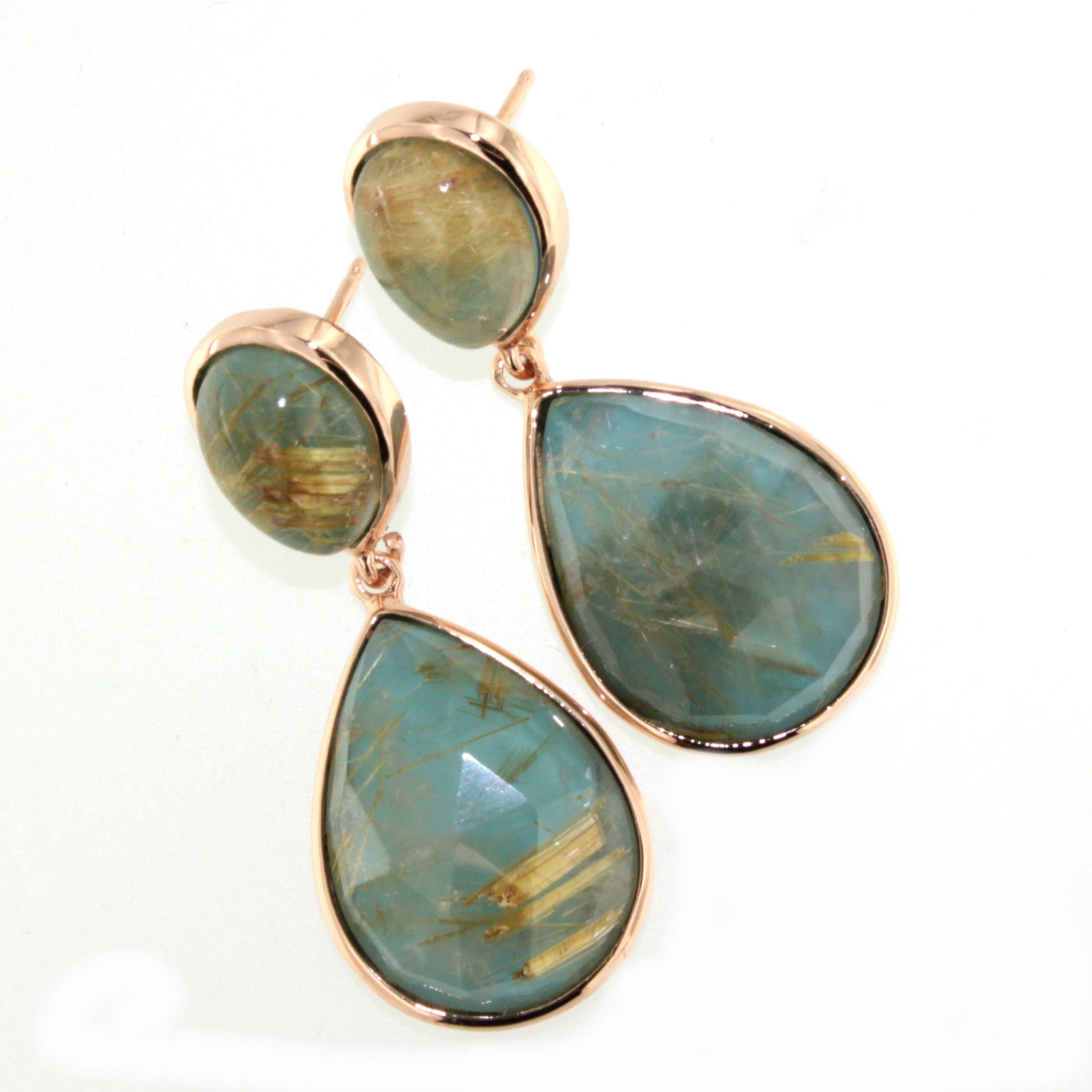 9Kt Rose Gold Stones Rutilated Quartz Turquoise Fashion Modern Design Earrings For Sale 3
