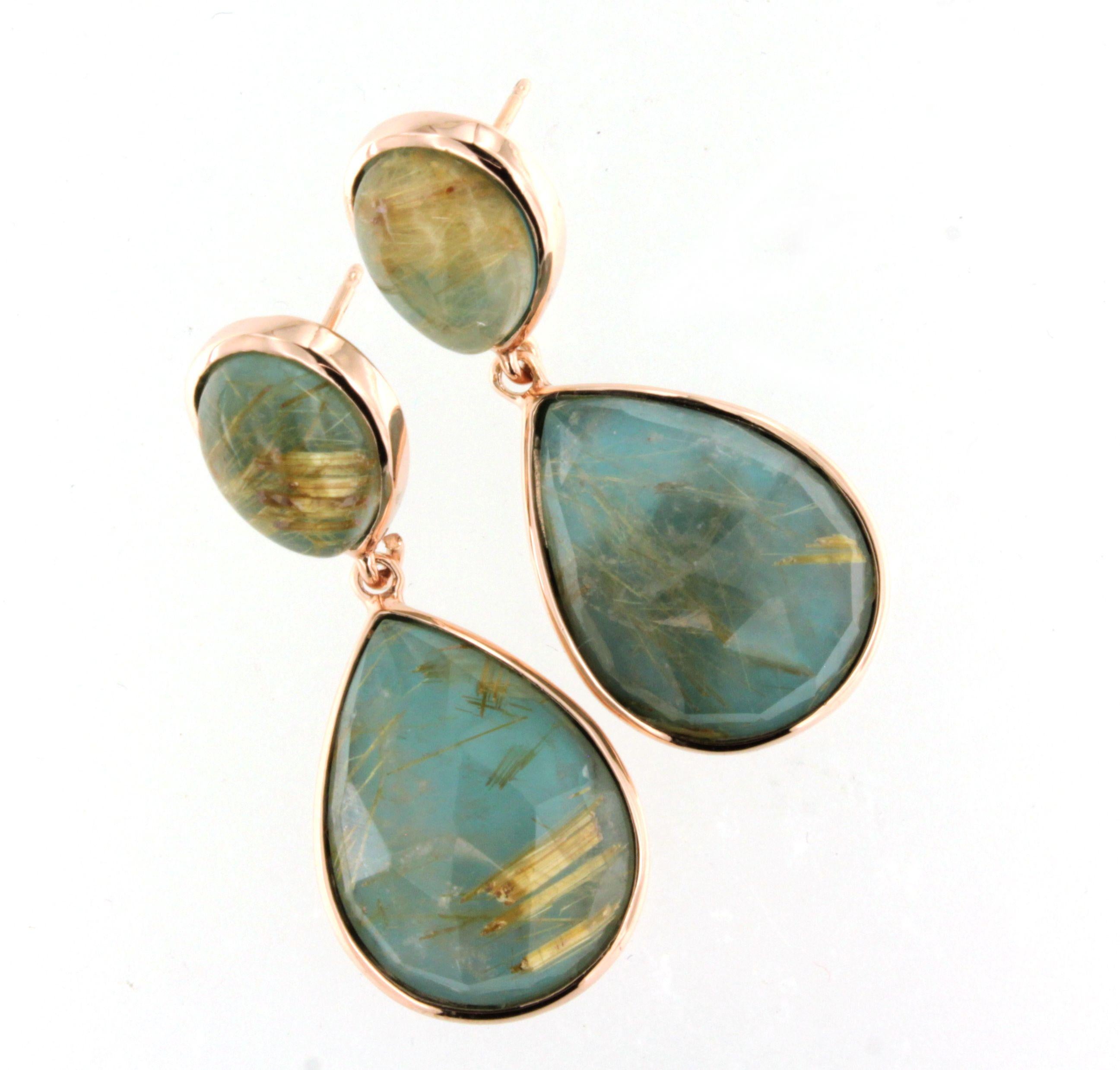 9Kt Rose Gold Stones Rutilated Quartz Turquoise Fashion Modern Design Earrings For Sale 4