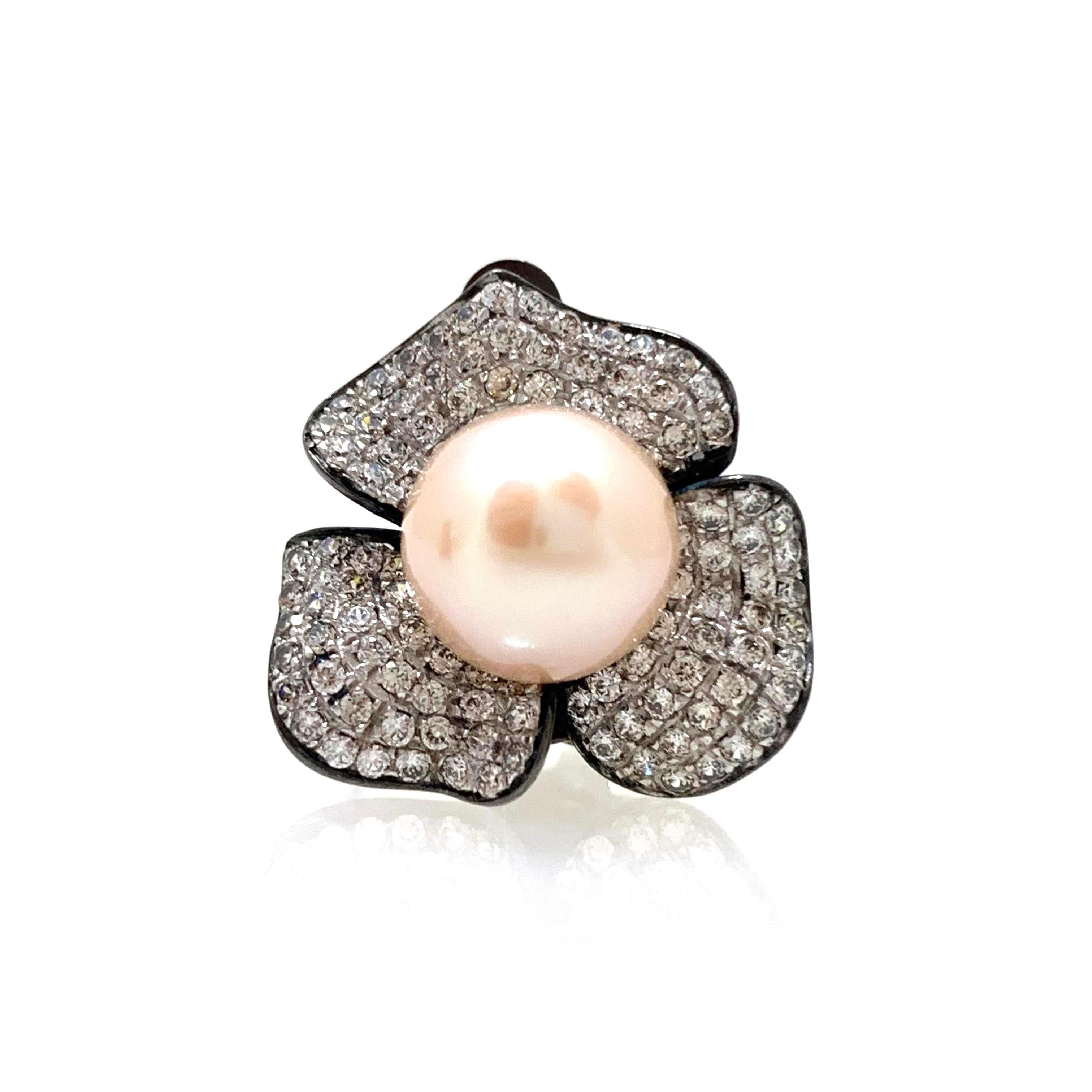Contemporary 9mm Akoya Pearl and Pave Flower Black Rhodium Sterling Silver Clip Earrings