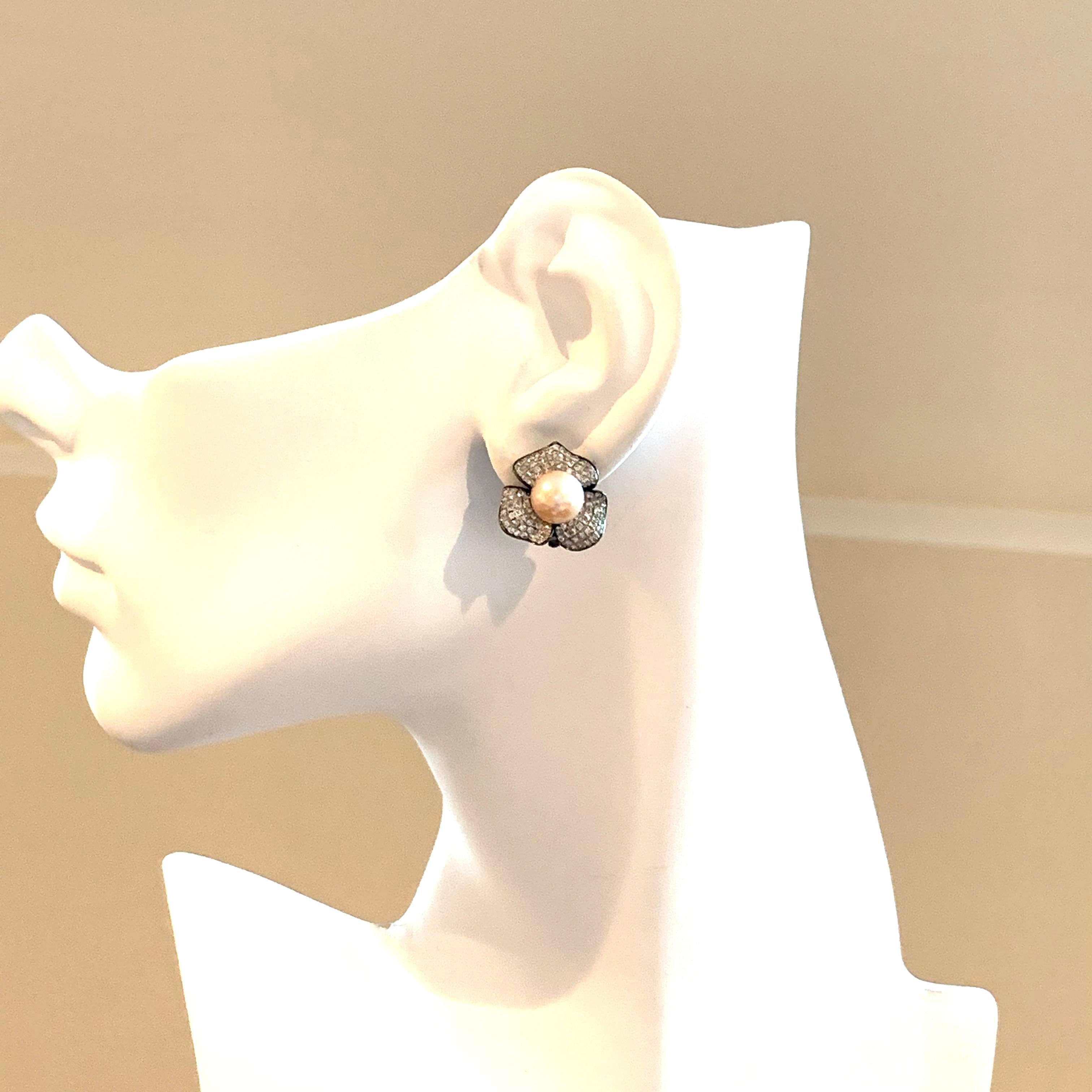 Round Cut 9mm Akoya Pearl and Pave Flower Black Rhodium Sterling Silver Clip Earrings
