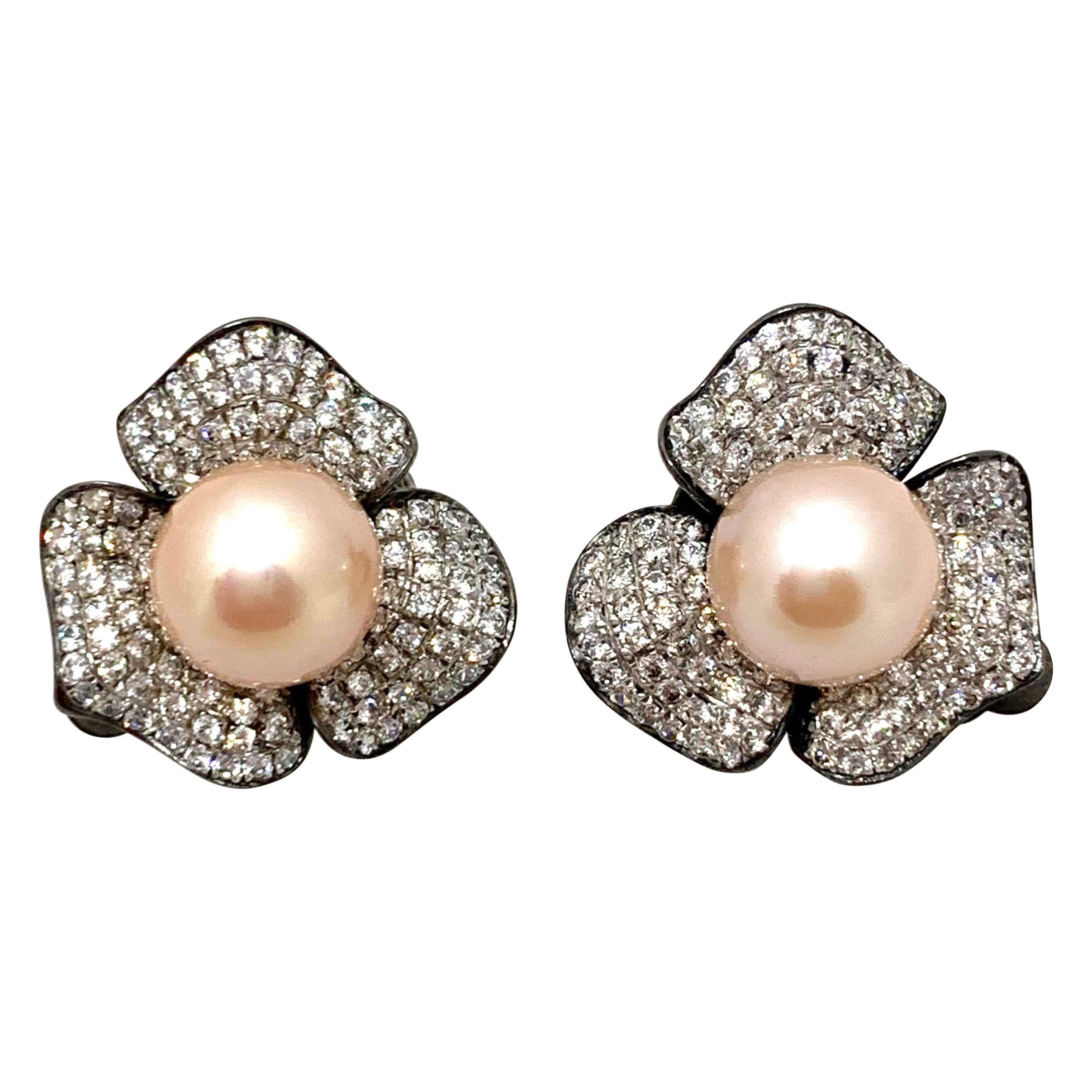 9mm Akoya Pearl and Pave Flower Black Rhodium Sterling Silver Clip Earrings